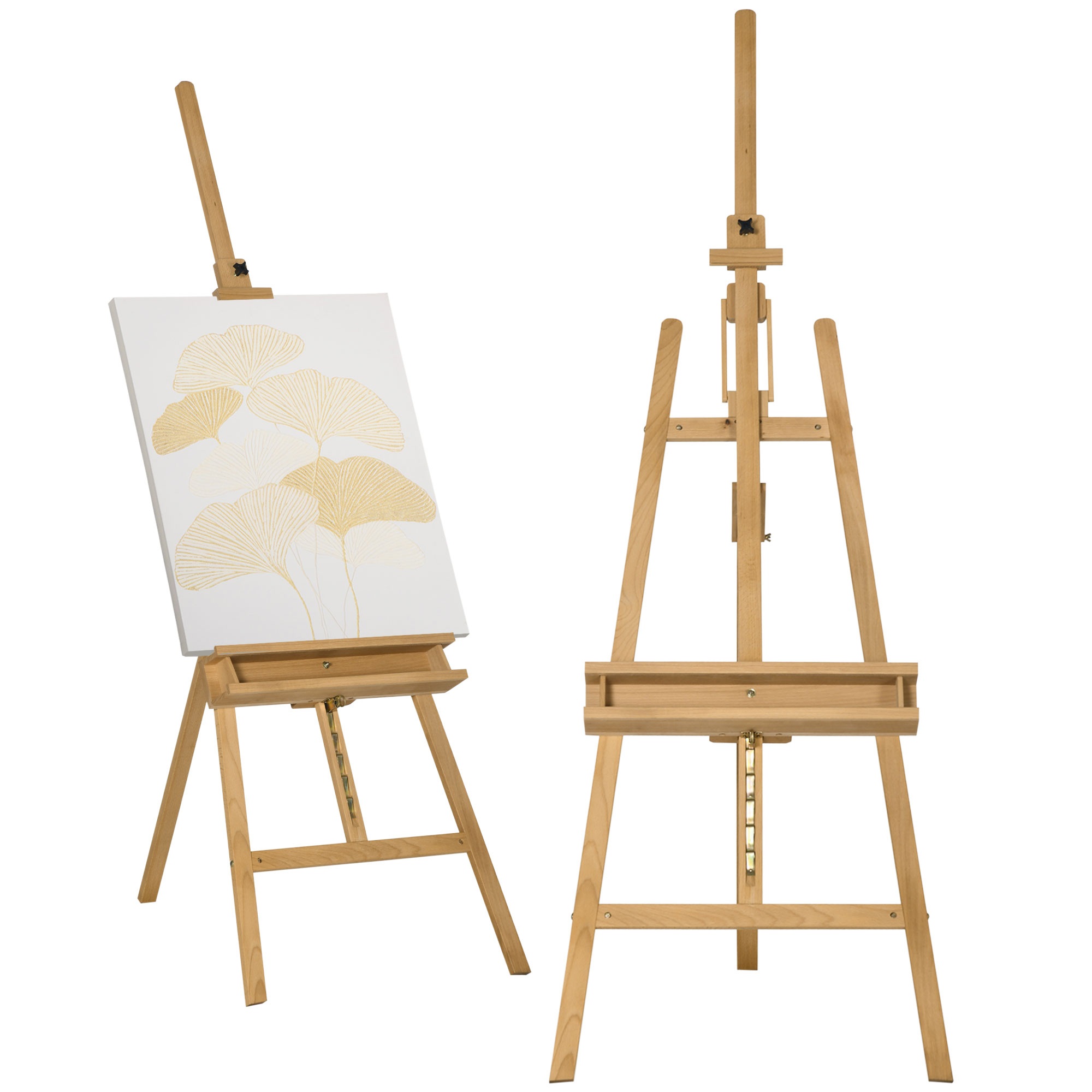 Koka molberts, regulējams augstumā, salokāms, ar pildspalvu paliktni, dižskābardis, 65 x 110 x 180-235 cm