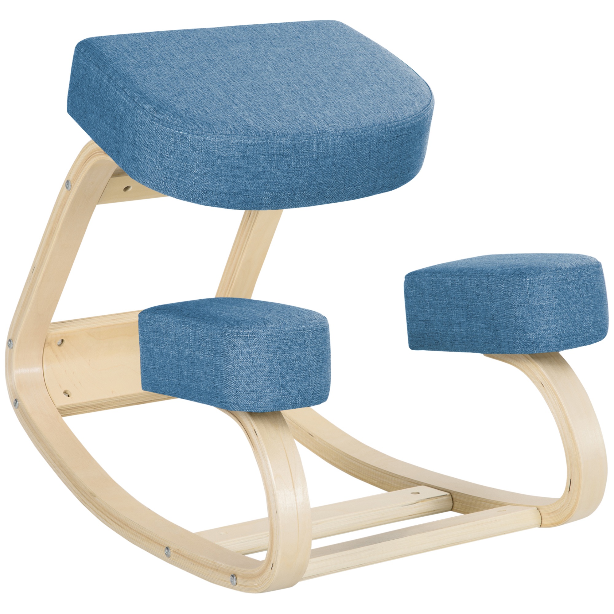 Ceļgalu krēsls, ergonomisks krēsls, polsterēts krēsls veselīgai stājai, bērza koks, 120 kg slodzes izturība, zils