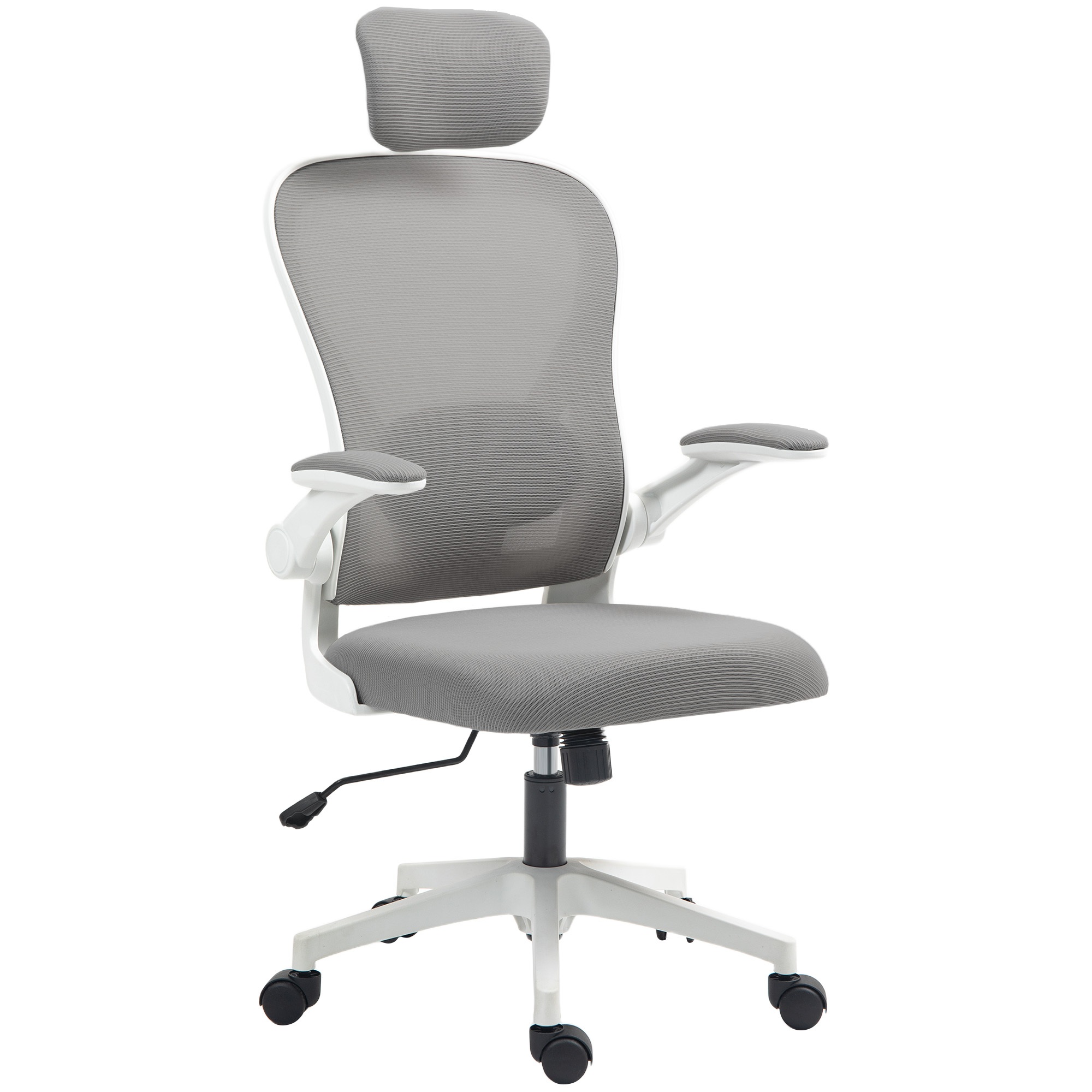 Ergonomisks biroja krēsls ar paceļamiem roku balstiem un regulējamu jostasvietas atbalstu, pelēks
