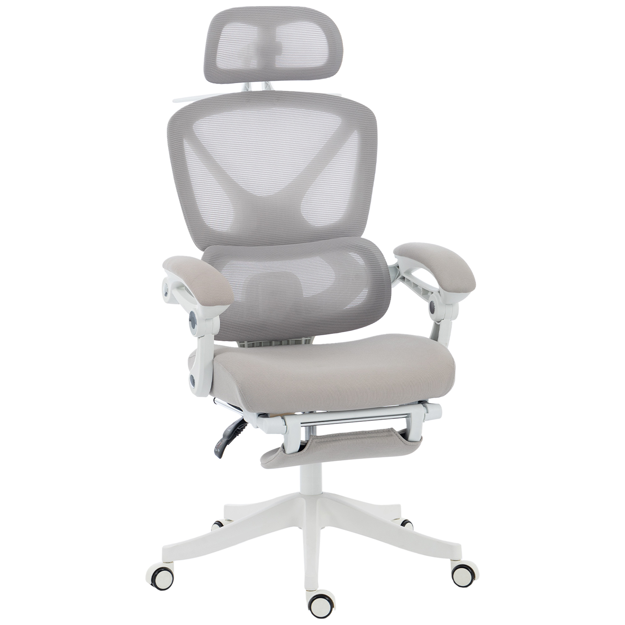 Biroja krēsls, ergonomisks rakstāmgalda krēsls ar kāju balstu, šūpošanās funkcija, roku balsti, sietveida audums, pelēks