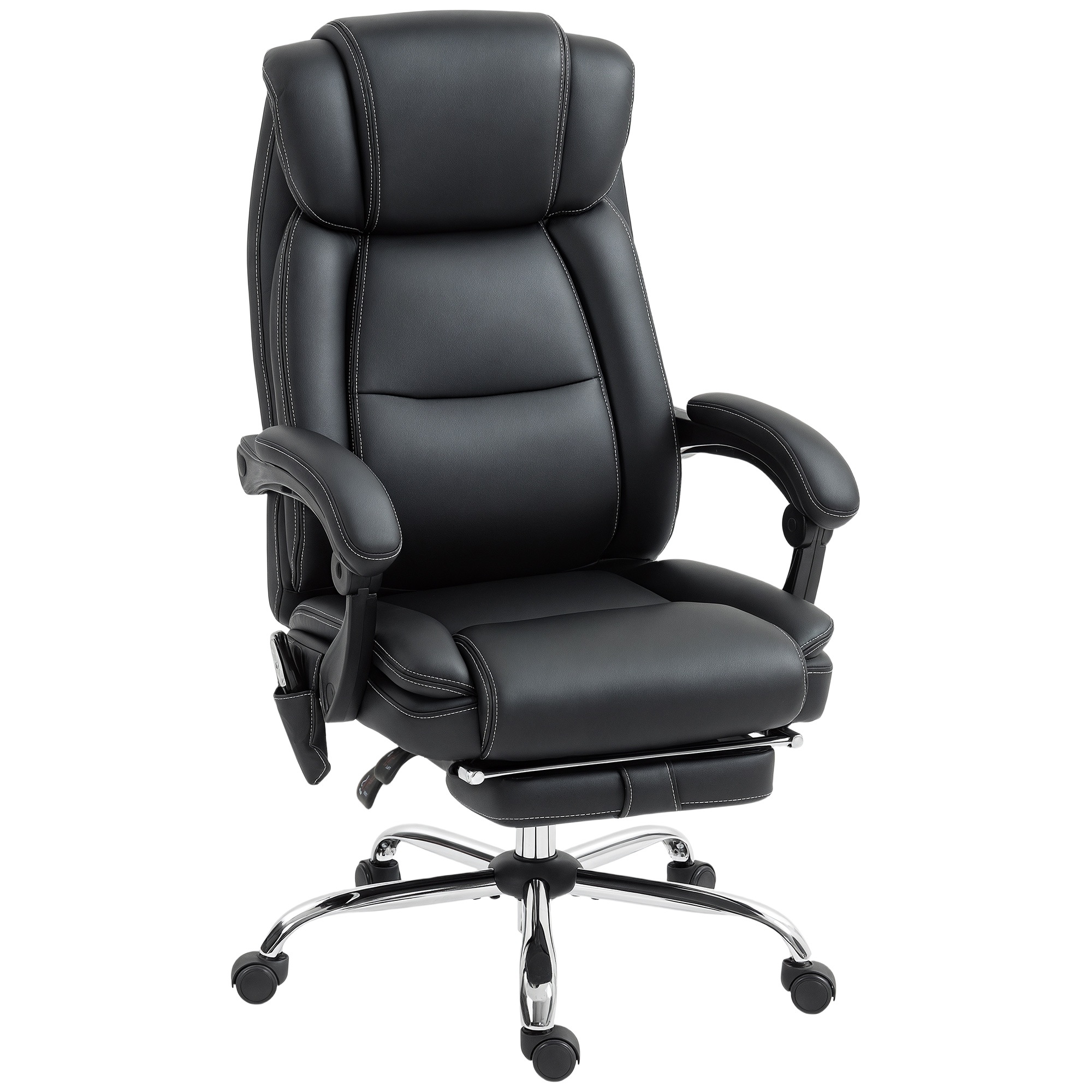 Ergonomisks biroja krēsls ar masāžas funkciju, rakstāmgalda krēsls ar kāju balstu, melna mākslīgā āda