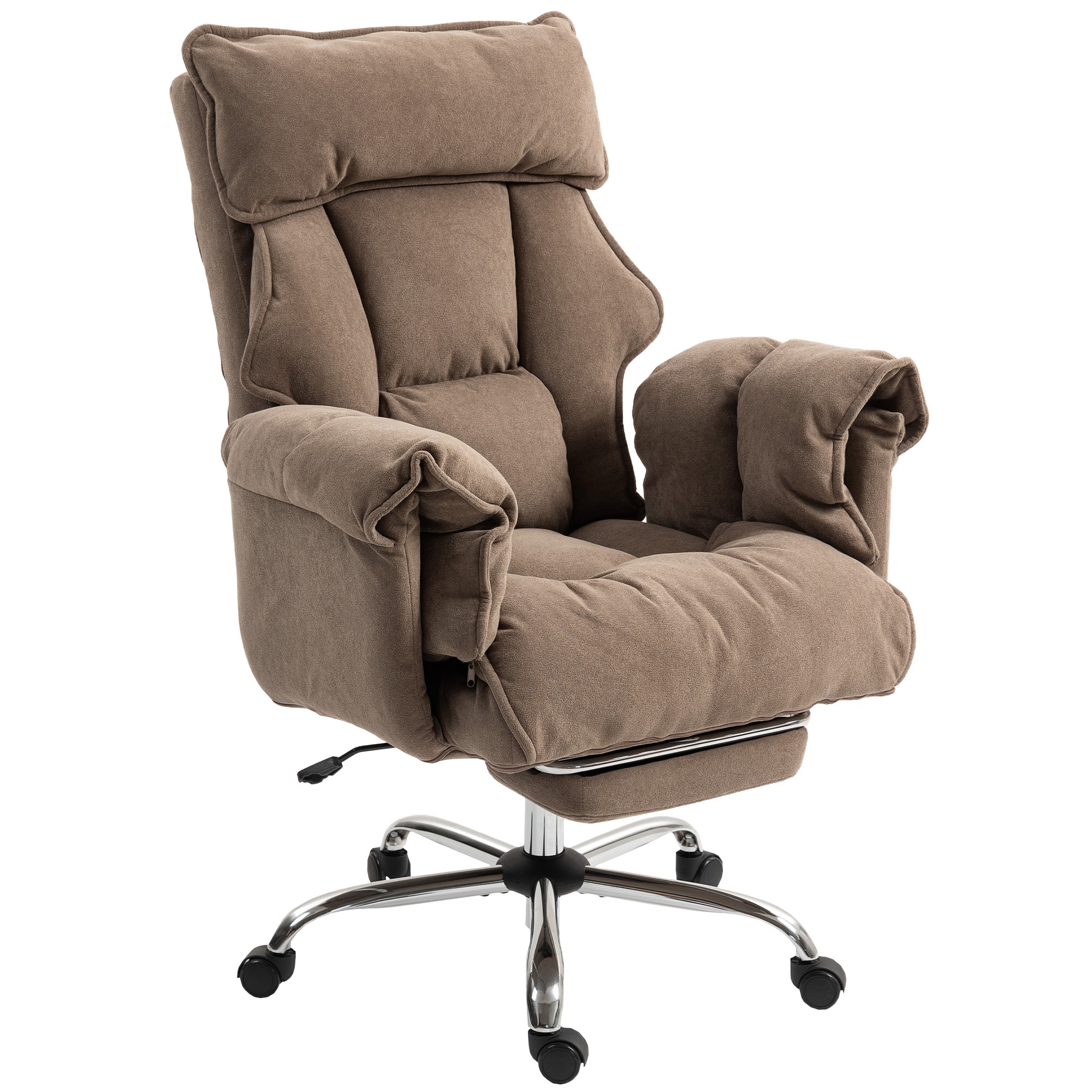 Ergonomisks biroja krēsls, atgāžama atzveltne, kāju balsts, mīksts audums, gaiši brūns