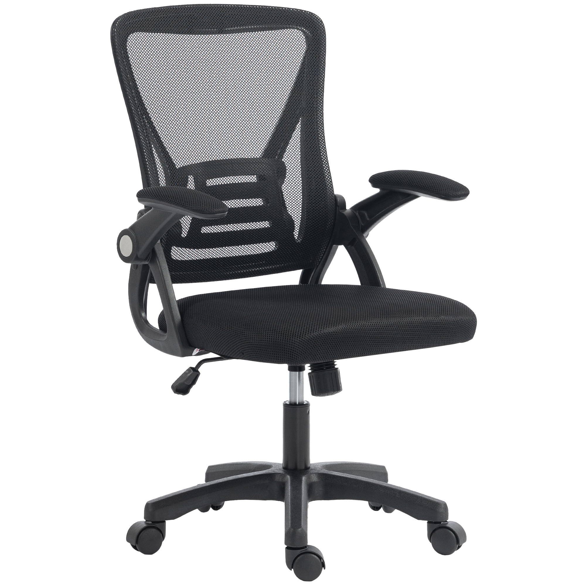 Ergonomisks biroja krēsls ar regulējamu augstumu, paceļamiem roku balstiem un jostasvietas atbalstu, melns
