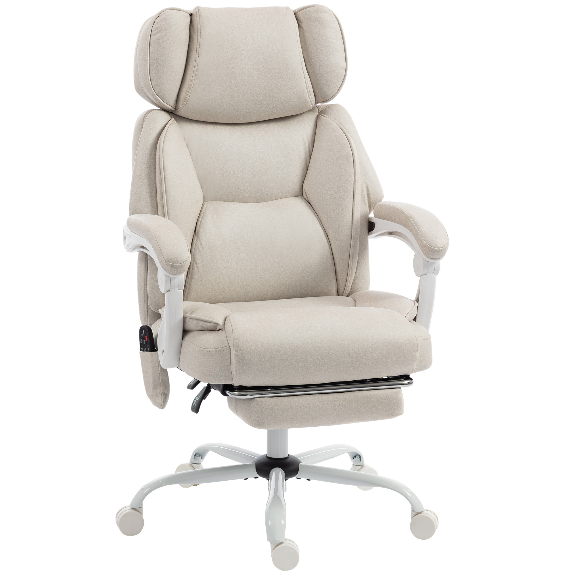 Biroja krēsls ar augstu atzveltni, vibrācijas masāžu un apsildi, ergonomisks, noliecams, ar kāju balstu, krēmbalts