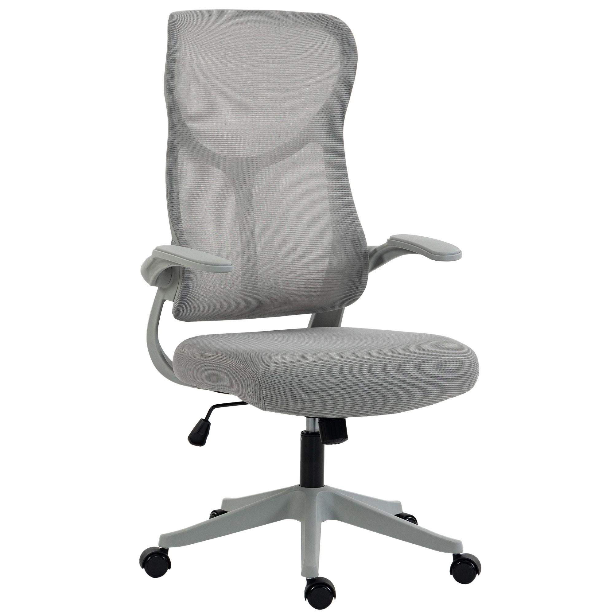 Ergonomisks grozāms sieta biroja krēsls ar augstu atzveltni, nolokāmiem roku balstiem un šūpošanās funkciju, pelēks