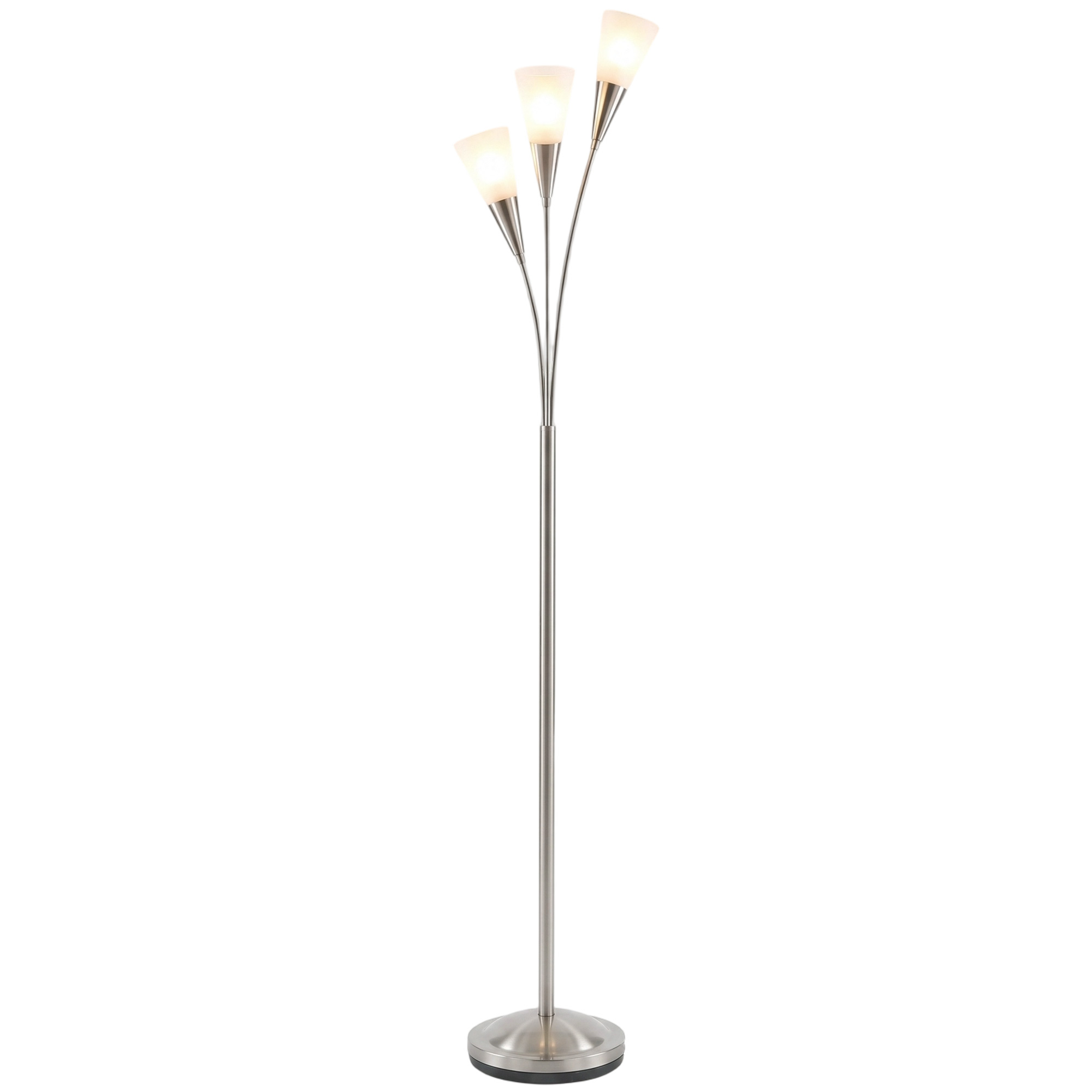 Grīdas lampa viesistabai, 40 W, ar kājas slēdzi, 3 x E14 kontaktligzdas guļamistabai, birojam, spuldze nav iekļauta, sudraba krāsā