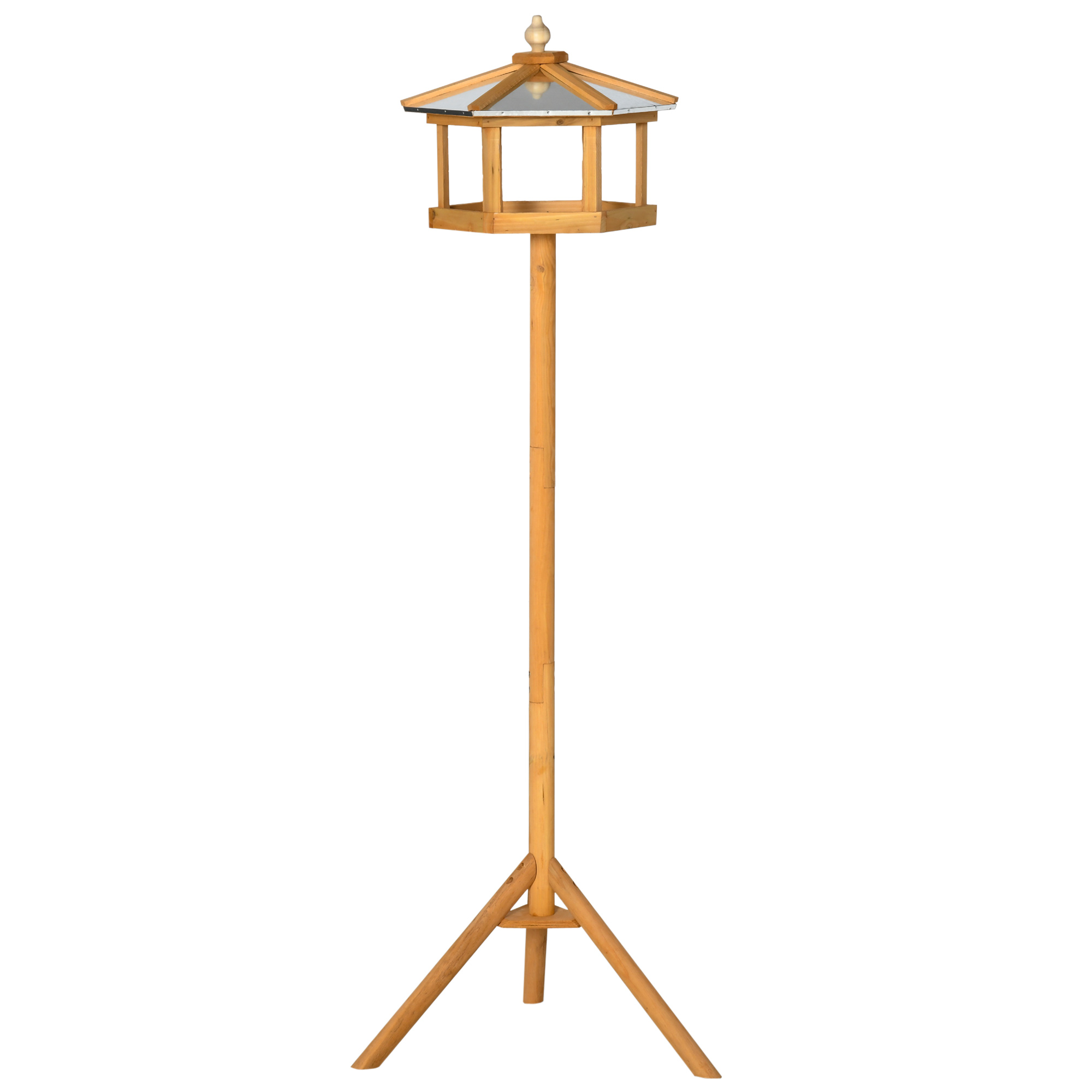 Putnu būris ar statīvu, koka putnu barotava ar platformu, slīps metāla jumts, Ø57,7 x 153H cm, dabīgs koks