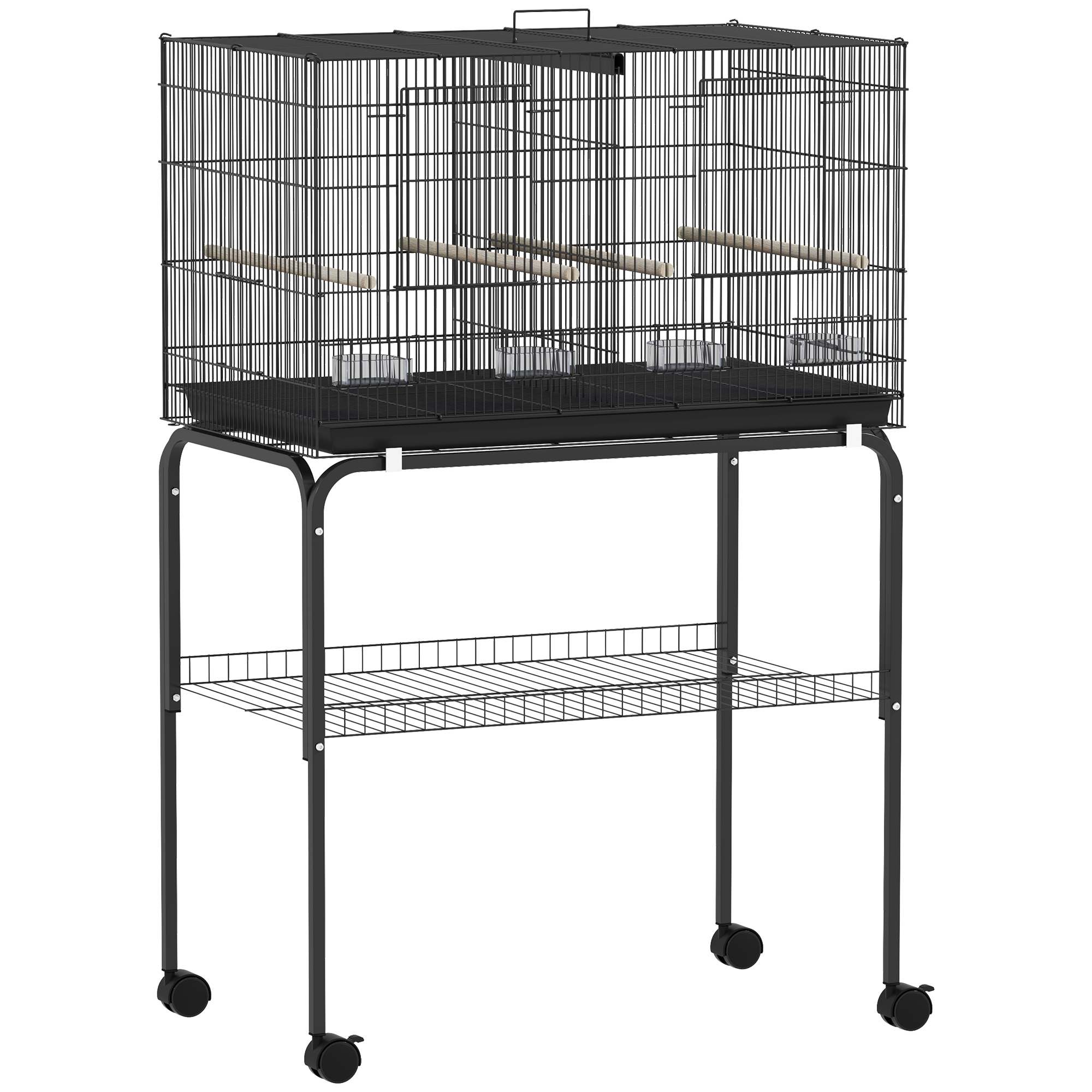 Putnu būris, putnu voljērs ar riteņiem, 2 durvis, 4 laktas, uzglabāšanas nodalījums, metāla putnu būris 76x46x116cm, melns