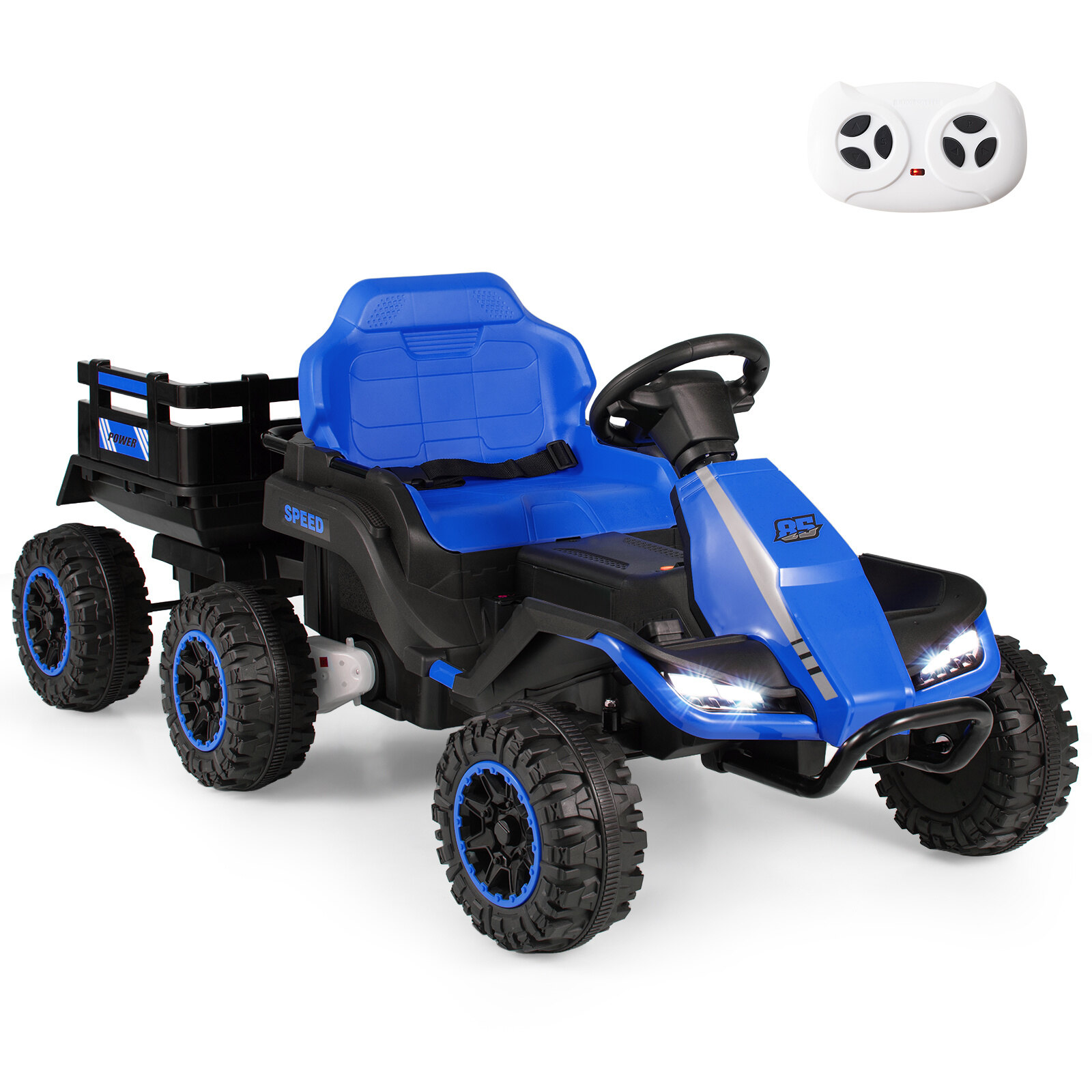 24 V elektriskais traktors bērniem no 3 gadu vecuma, bērnu traktors ar 2,4 GHz tālvadības pulti, zils