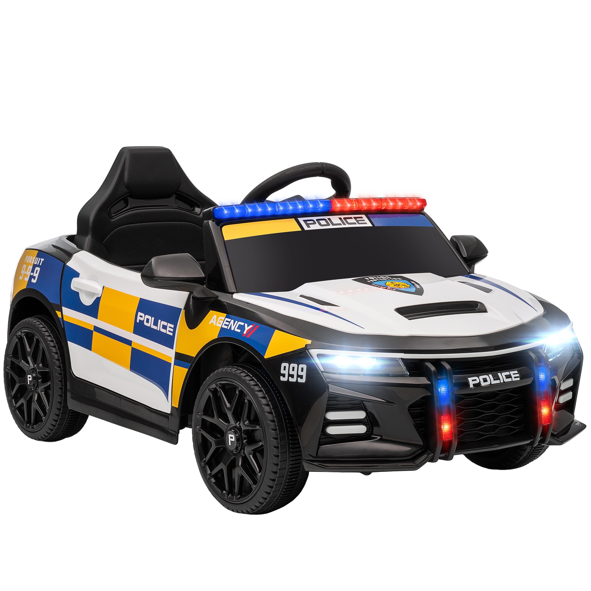 12 V bērnu elektriskā policijas automašīna ar tālvadības pulti, sirēnu, brīdinājuma gaismu, mūziku un taure, diviem motoriem, piekari, balta