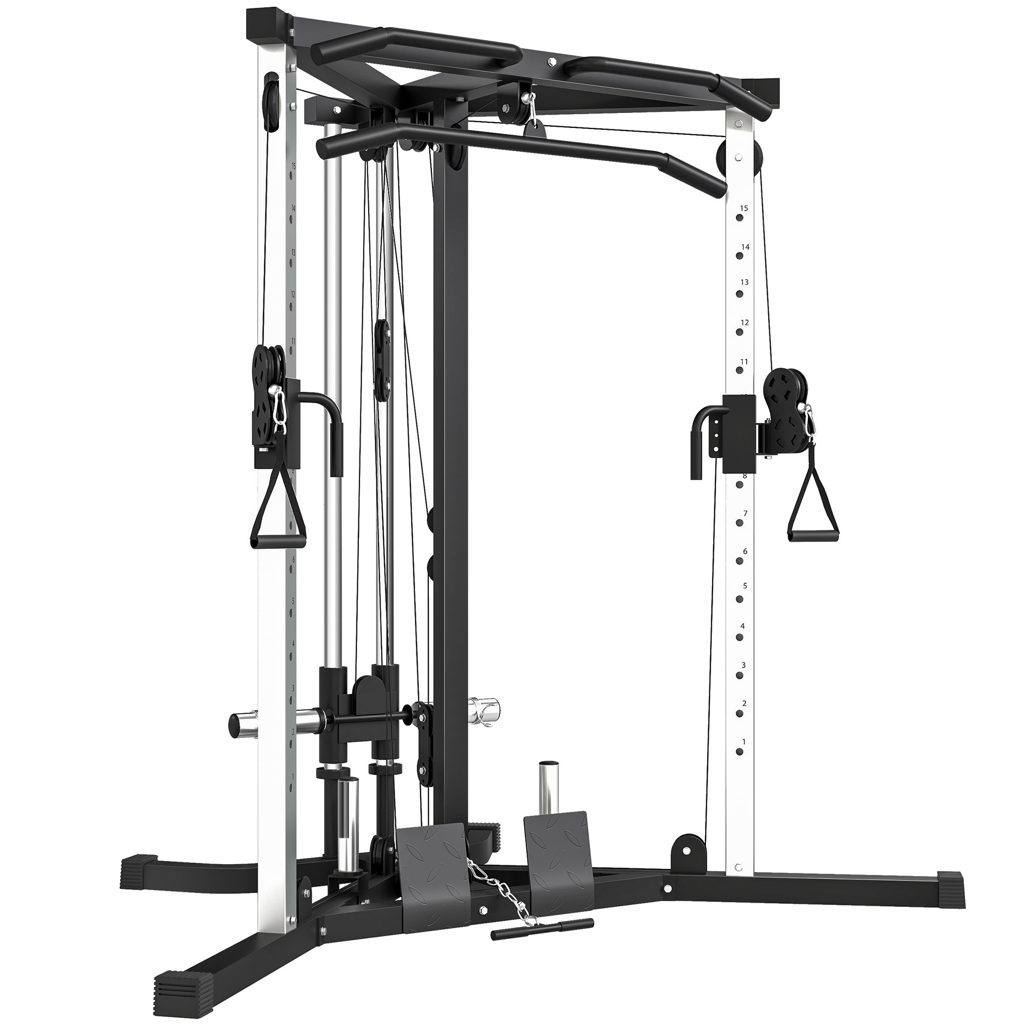 Spēka stacija/fitnesa stacija ar pievilkšanās stieni, pievilkšanās stieni, bicepsa/airēšanas stieni, rokturiem, regulējama 15 virzienos