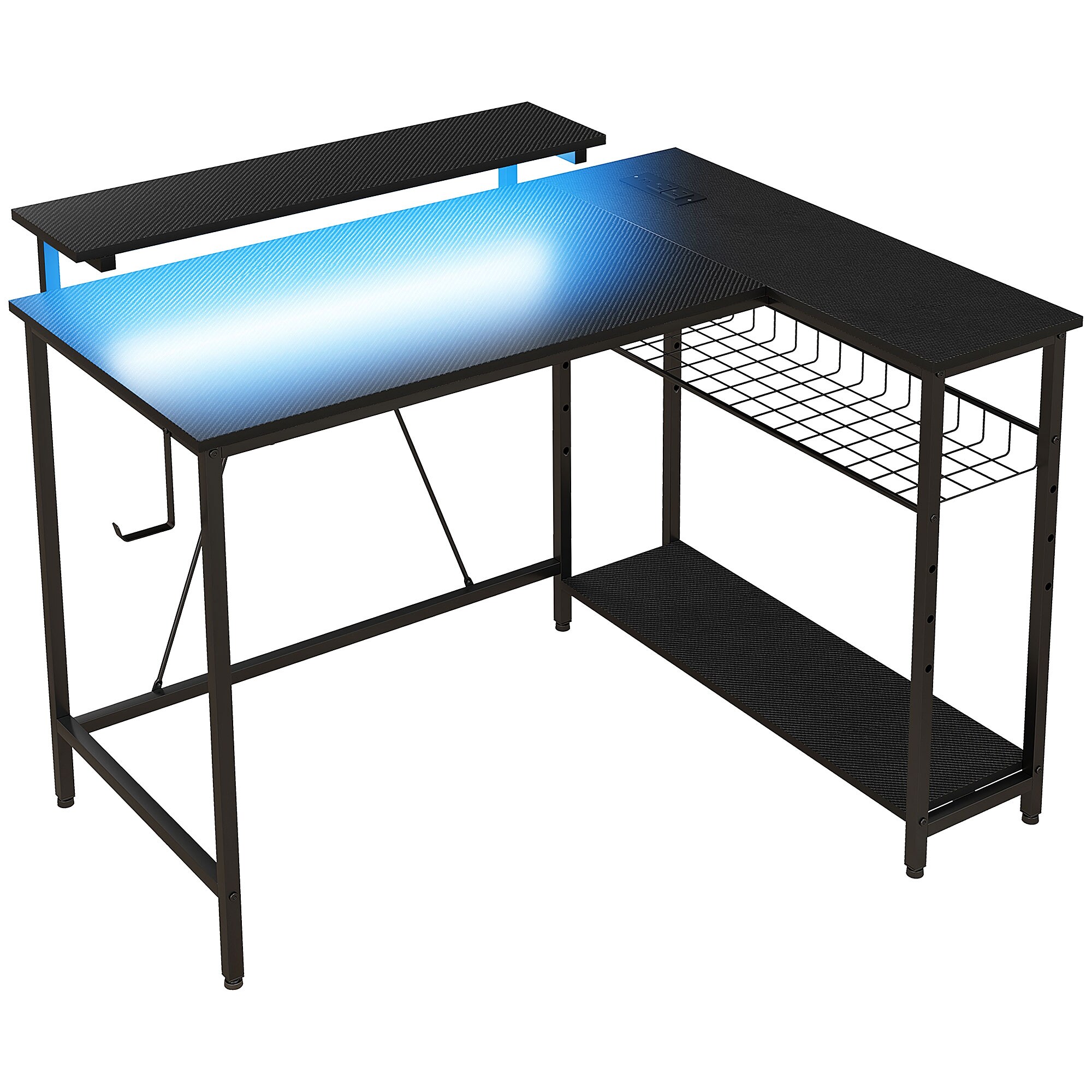 L-veida rakstāmgalds ar LED apgaismojumu, strāvas rozetēm, USB portiem, apgriežams datorgalds ar plauktu, 107 x 80 x 90 cm, melns