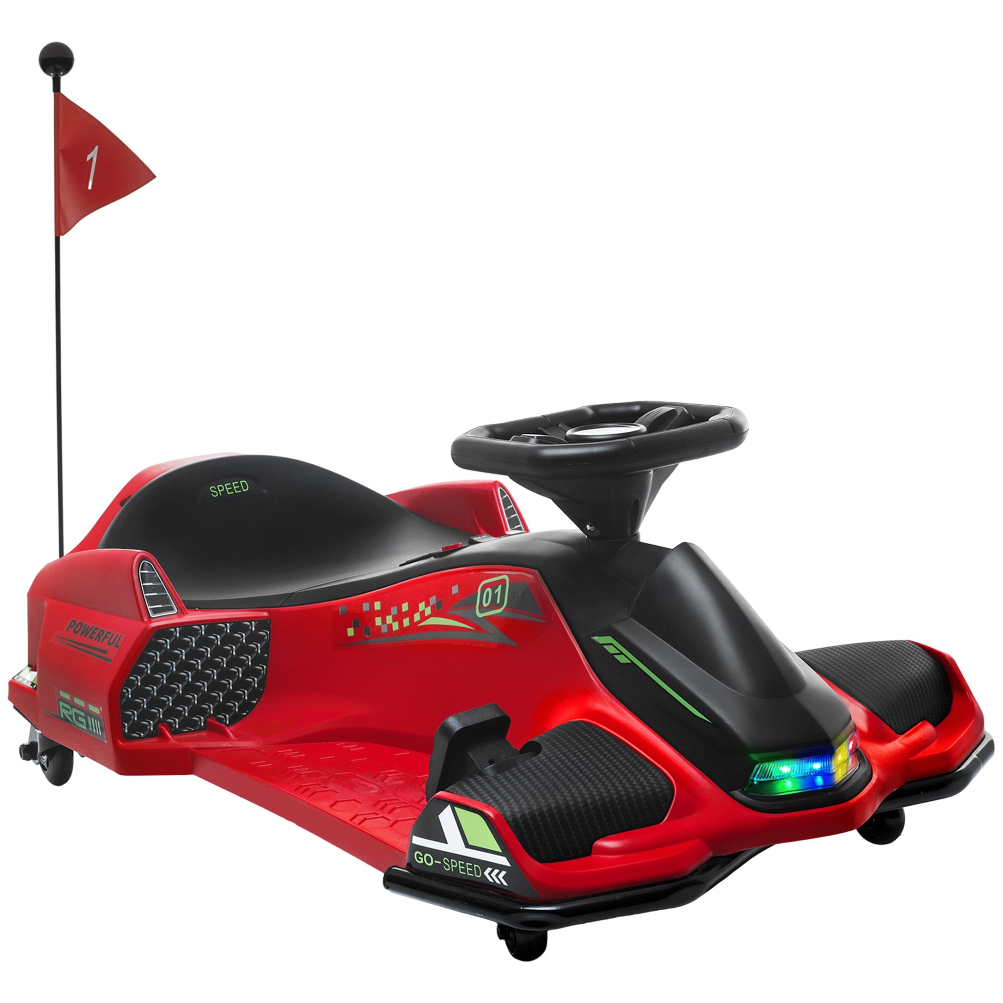 Elektriskais bērnu kartings, gumijas riteņi, 3-8 km/h, ar gaismām un mūzikas funkciju, sarkans