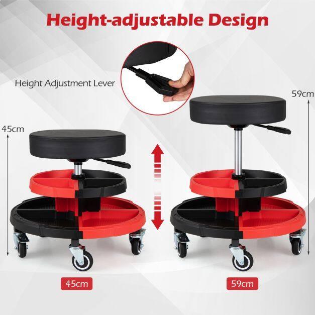 Mehāniķa krēsls ar riteņiem, polsterētu sēdekli un 5 riteņiem, 130 kg, sarkans