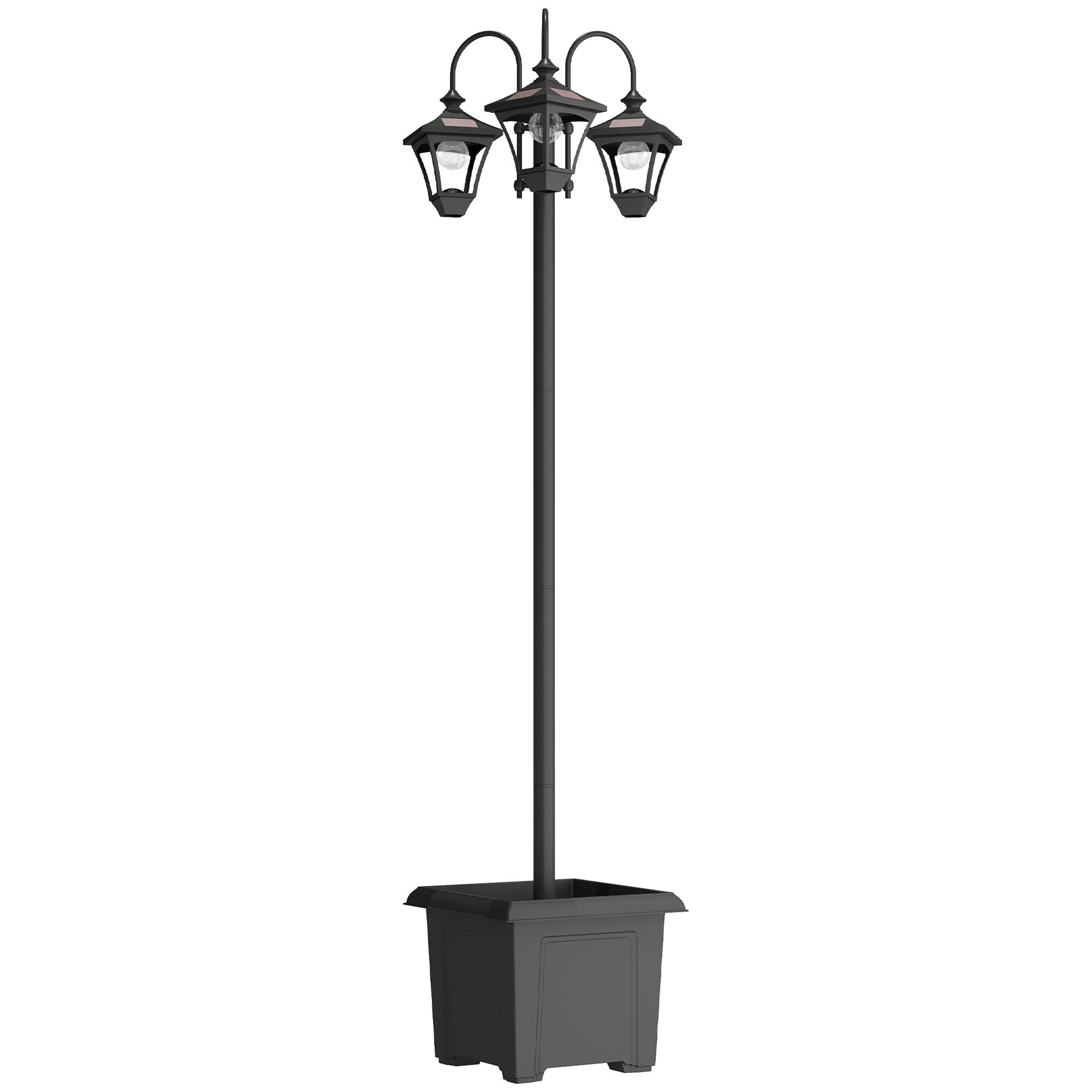 Saules laterna ar puķu podu, 185 cm regulējams augstums, āra dārza laterna ar 3 lampu galvām, gaismas vadība
