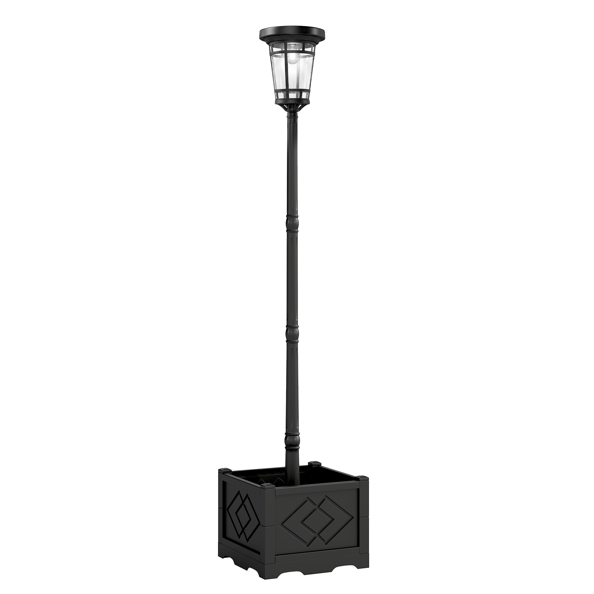 Saules laterna, stāvlampa ar puķu podu, 195 cm, āra dārza laterna, 2 spilgtuma līmeņi, gaismas vadības slēdzis, IP44