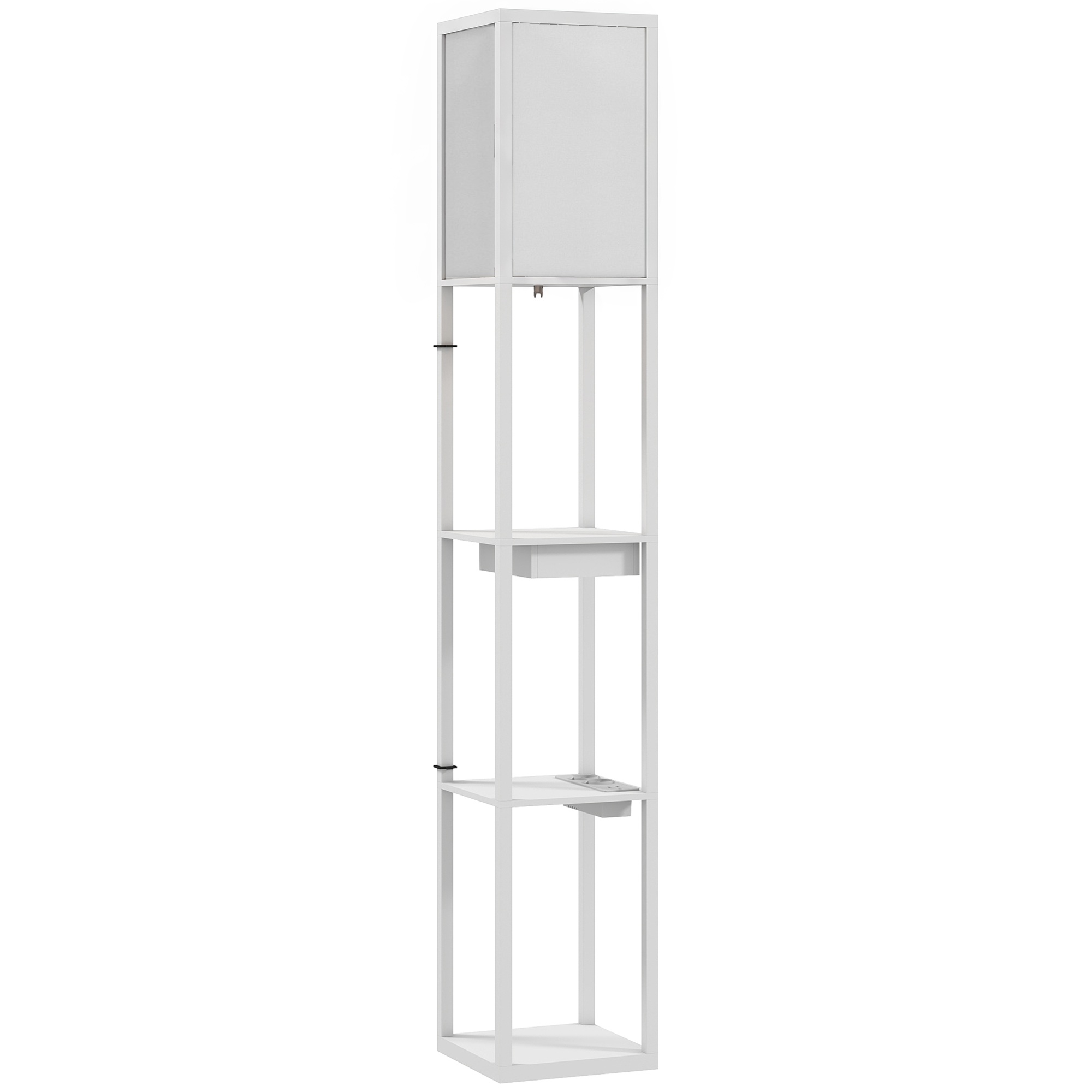 Grīdas lampa ar 3 līmeņu plauktu, kājas slēdzi, USB portiem, MDF, balta