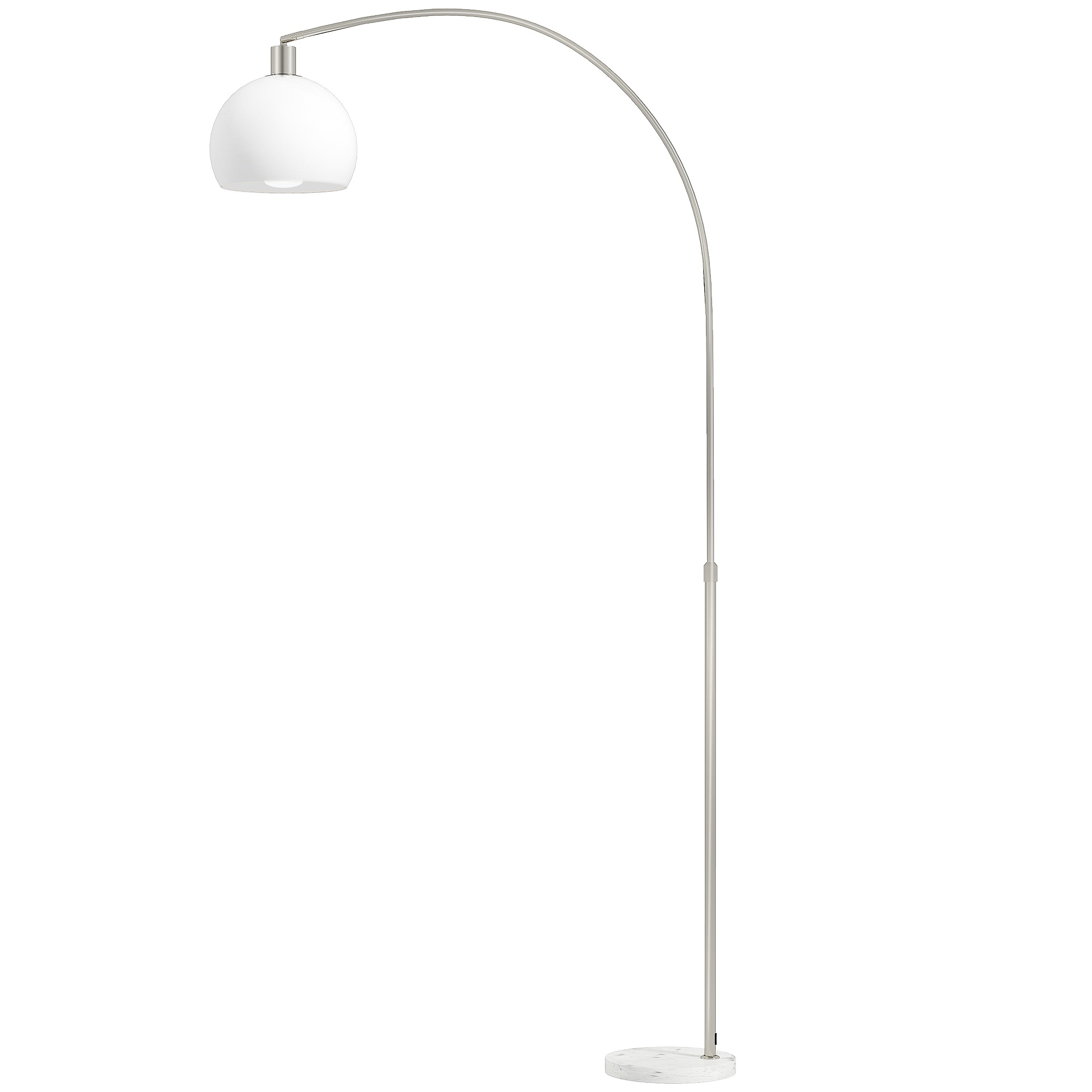 Grīdas lampa, izliekta galva, kājas slēdzis, marmora pamatne, plastmasas abažūrs, balta