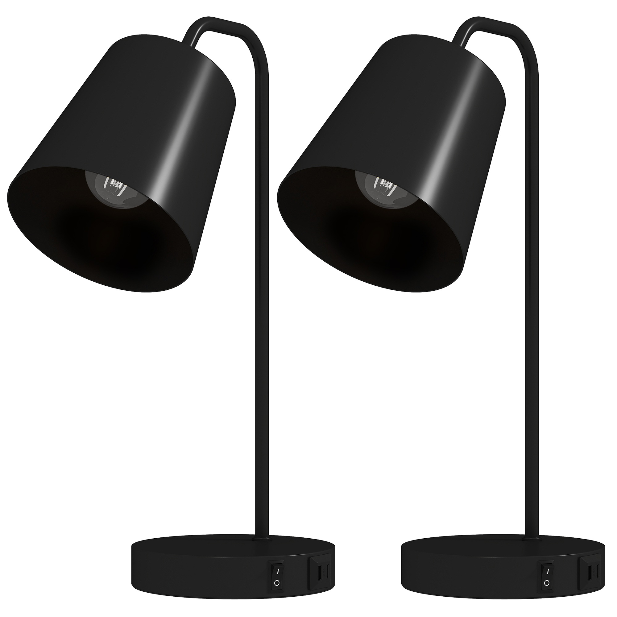 Galda lampu komplekts, 2 daļas, modernas lampas ar USB-A un USB-C pieslēgvietām guļamistabai, viesistabai un birojam, melnas