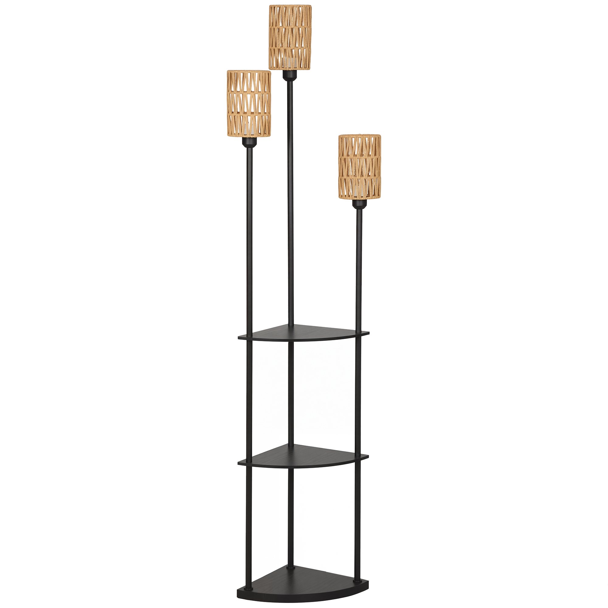Boho stila stāvlampa ar 3 gaismas avotiem un 3 plauktiem, papīra auklas abažūrs, melna