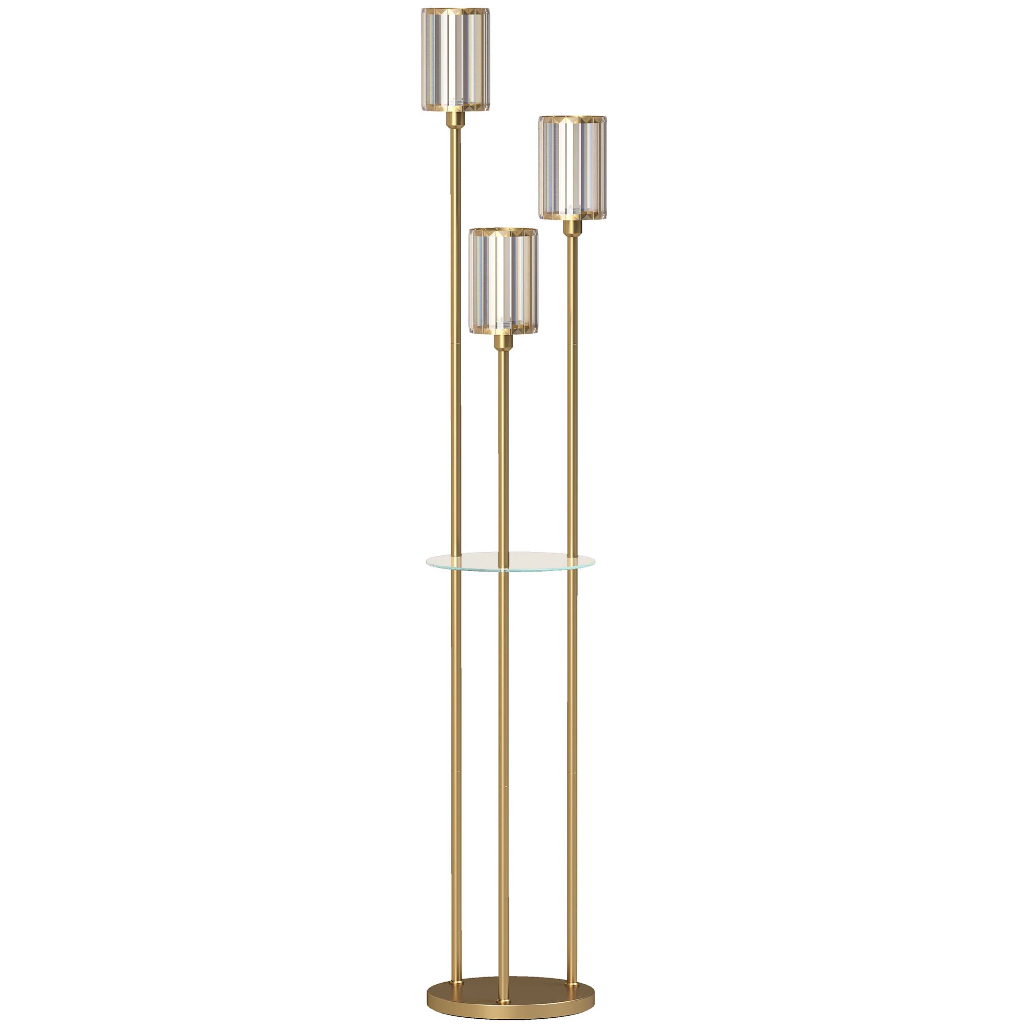 Stāvlampa ar 3 stikla abažūriem un stikla galdiņu, 177 cm, zeltaina