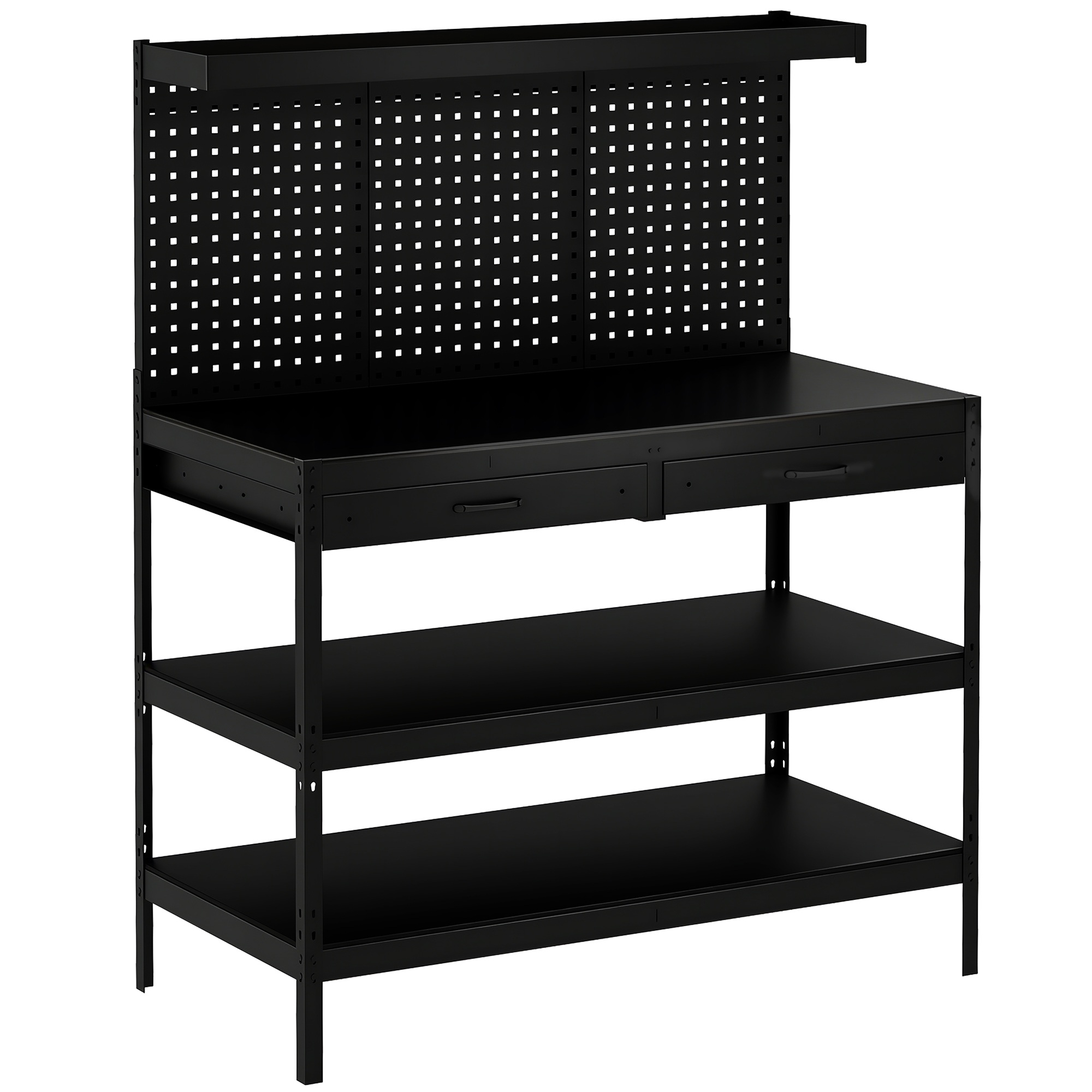Darbagalds ar regulējamiem plauktiem, izturīga darba virsma ar perforētu dēli un 2 atvilktnēm, 122 x 61 x 156 cm, melns