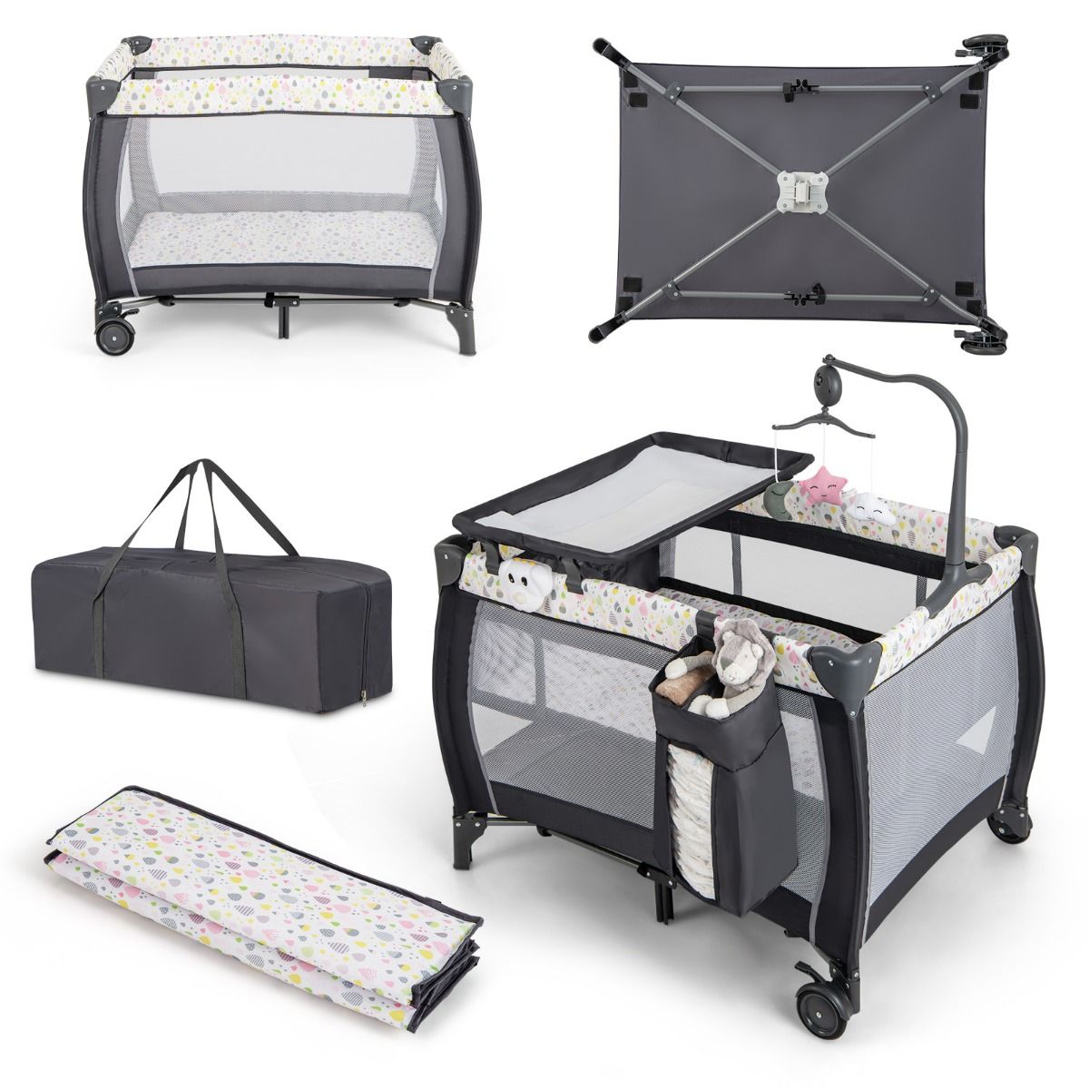 3 vienā saliekams naktsgaldiņš ar matraci, piekaramu rotaļlietu, mūzikas lādīti, krāsains