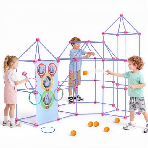 STEM rotaļu komplekts būdiņu būvēšanai bērniem 4, 5, 6, 7 un 8+ g., 180 daļas, uzlabotas savienojuma lodītes, riņķu un bumbu mešanas spēle, glabāšanas soma, iekštelpām un ārtelpām