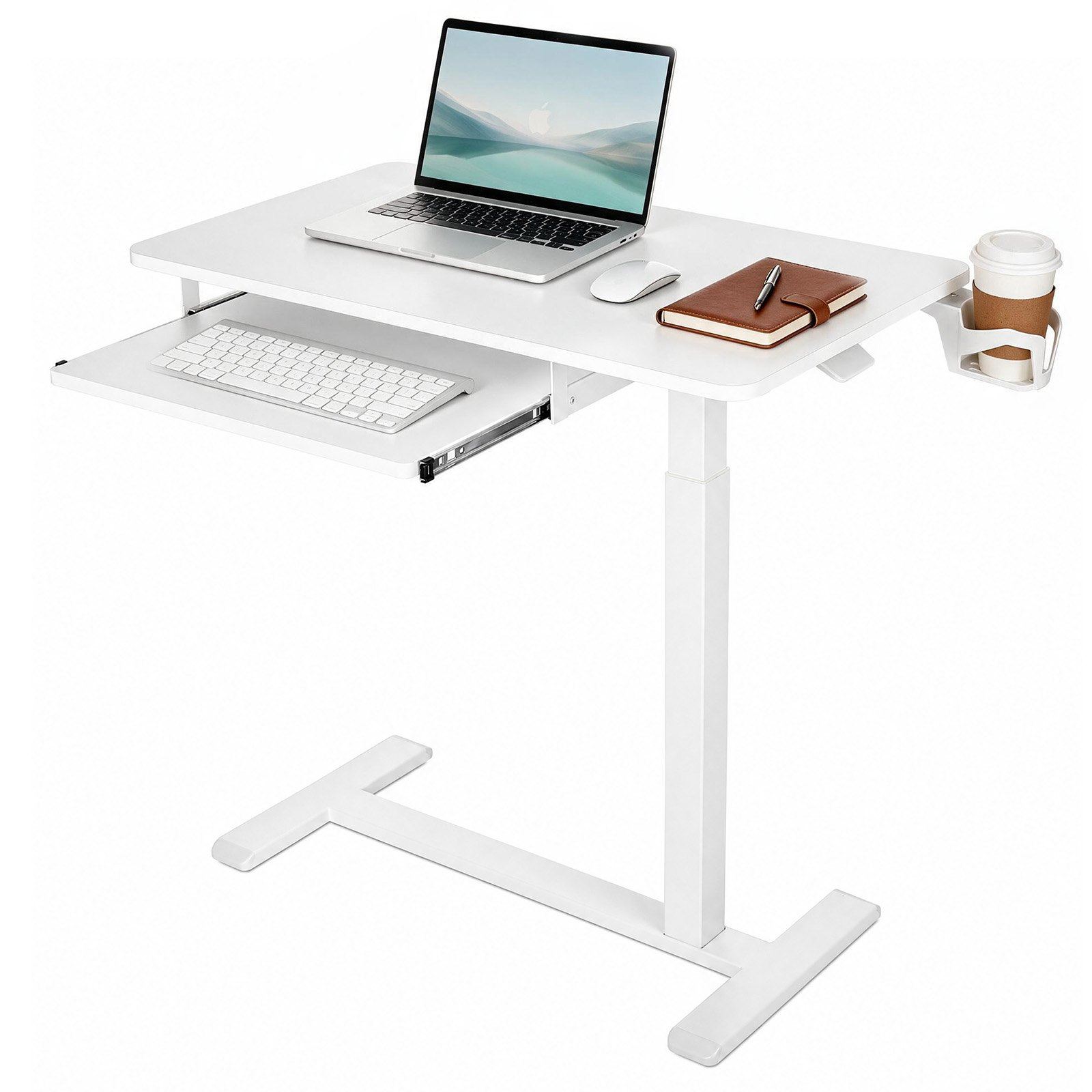 Gultas un klēpjdatora galds uz riteņiem ar regulējamu augstumu, 800 × 450 mm, paslēpti riteņi, tastatūras plaukts un krūzes turētājs, gultai, dīvānam un mājas birojam, balts