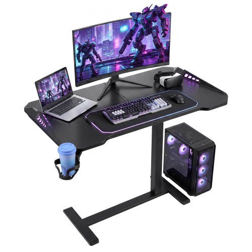 Gultas un spēļu galds uz riteņiem ar regulējamu augstumu, 800 × 450 mm, paslēpti riteņi, RGB apgaismojums un krūzes turētājs, gultai, dīvānam un mājas birojam, melns