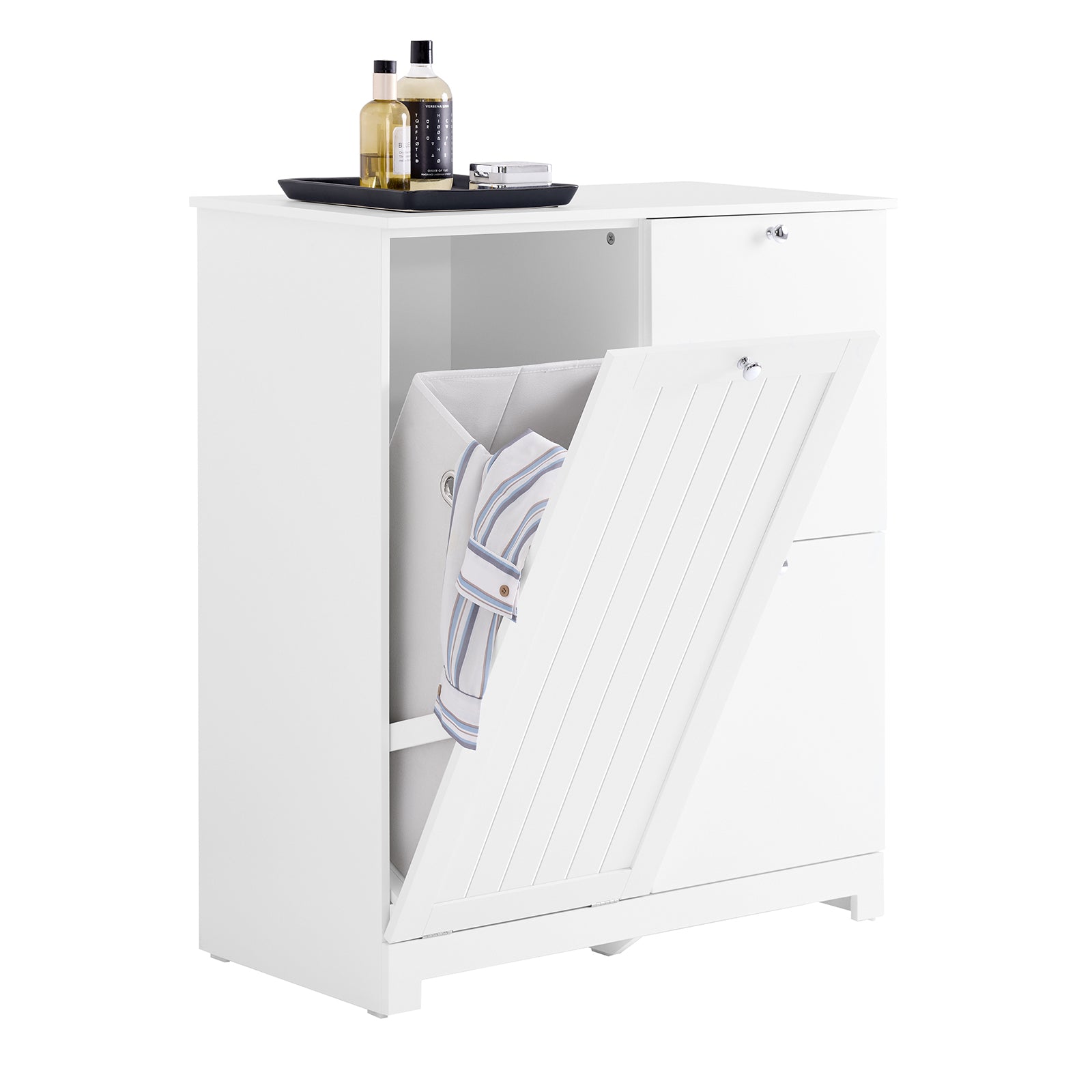 Vannas istabas skapis ar 3 veļas groziem - šaurs uzglabāšanas skapis 78x38x90 cm, 1 liels integrēts veļas grozs un 2 noņemami auduma grozi - vietu taupošs vannas istabas uzglabāšanas risinājums