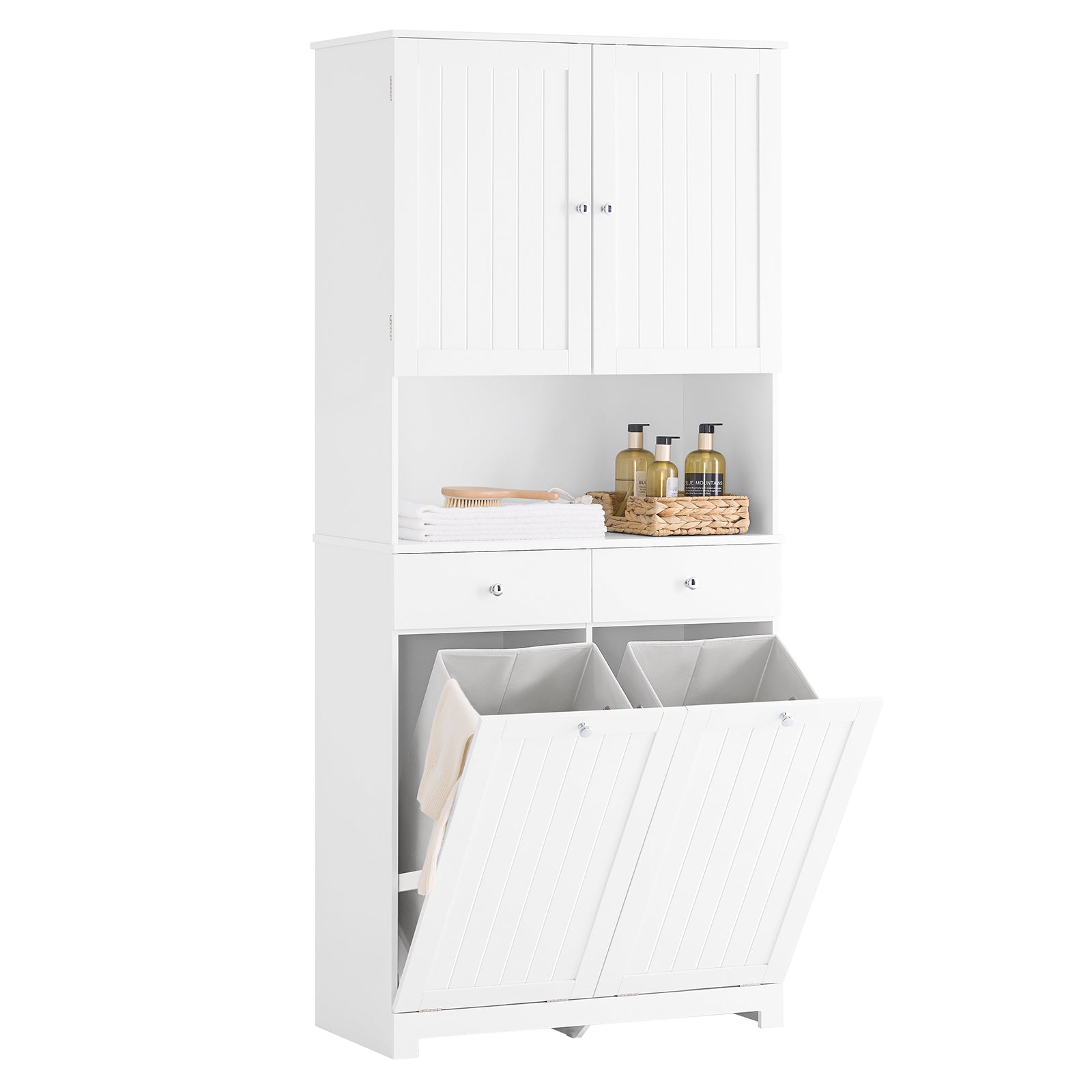 Vannas istabas augstais skapis - 2 veļas grozi un 2 atvilktnes, 78x38x181 cm, slēgts skapis ar atvērtu plauktu - vietu taupošs uzglabāšanas risinājums tualetei un vannas istabai