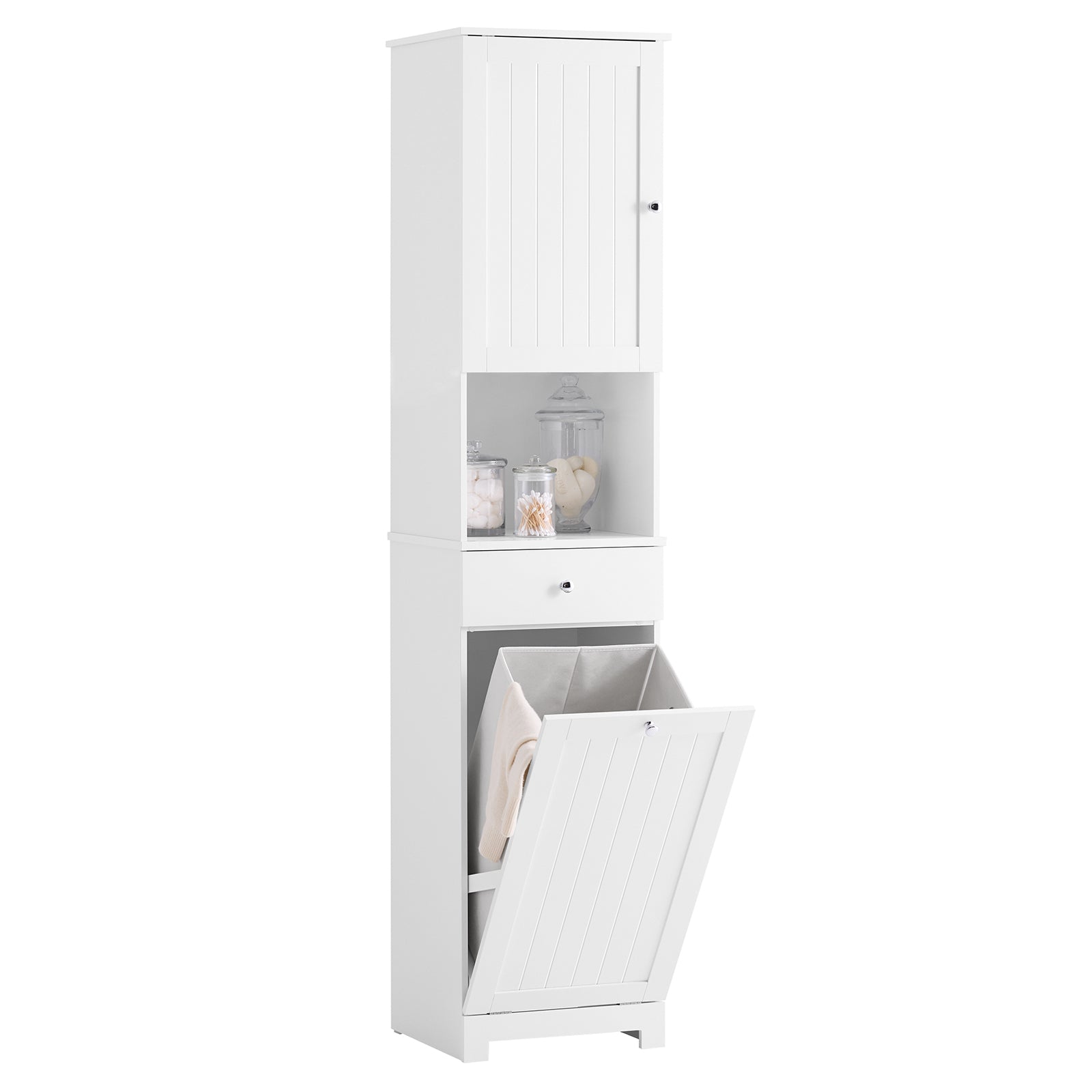 Vannas istabas skapis ar veļas grozu - 40x38x180 cm, ar atvilktni un regulējamu plauktu, vietu taupošs uzglabāšanas bloks, lieliski piemērots tualetei un vannas istabai