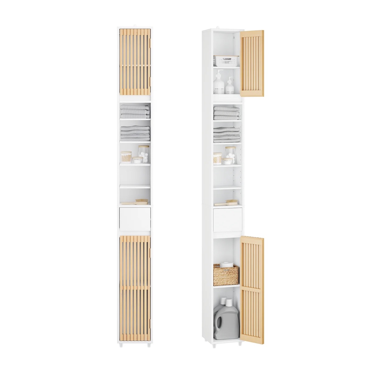 Vannas istabas skapis, šaurs uzglabāšanas skapis, augsts uzglabāšanas bloks ar 6 regulējamiem plauktiem, mazs vannas istabas uzglabāšanas risinājums, balts, 20x20x180 cm