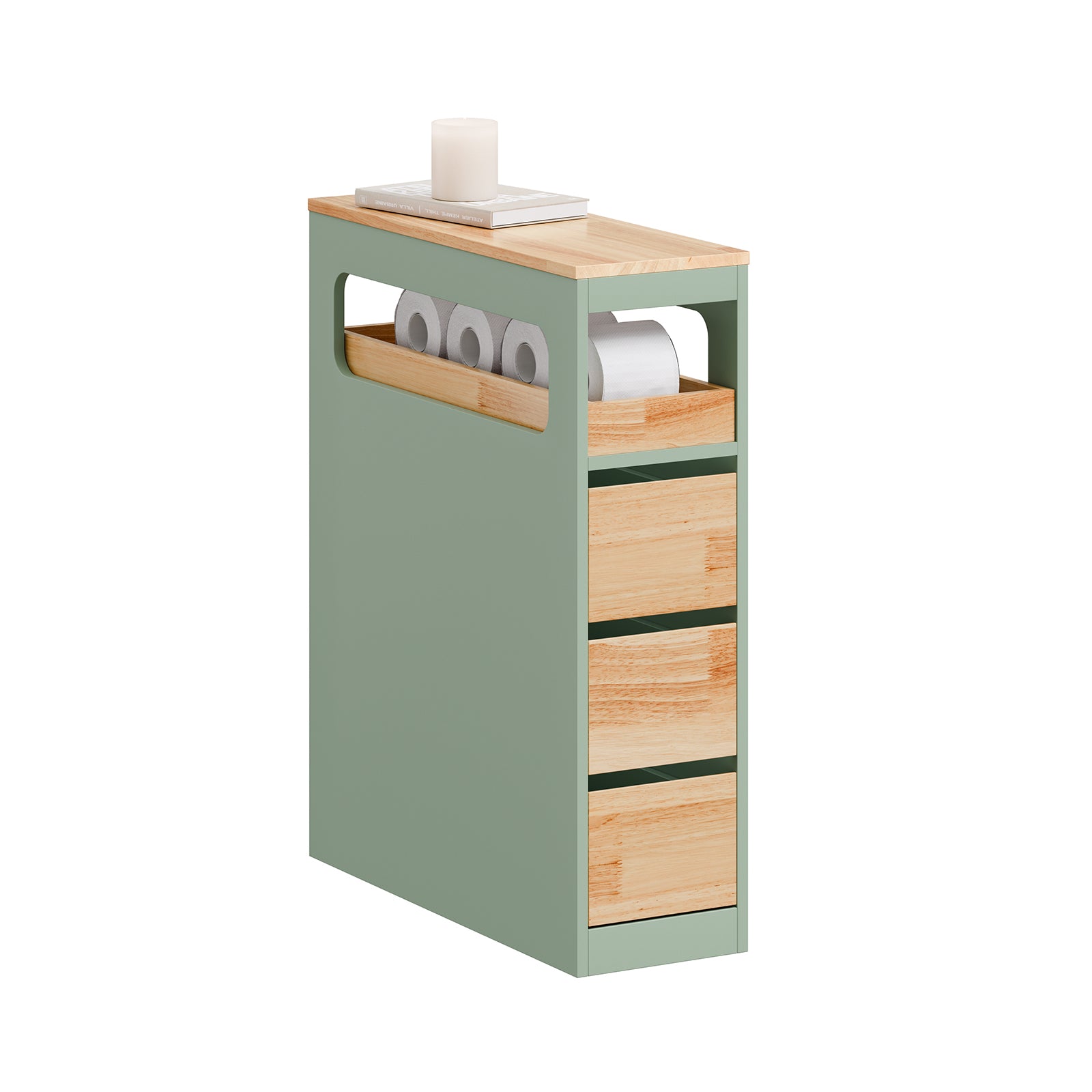 Smalle badkamerkast op wielen - Smalle Badkamer opbergkast met 3 lades en gegleitet plank, Klein WC-meubel van Hout voor tualete, zaļa, 65 x 24 x 82 cm