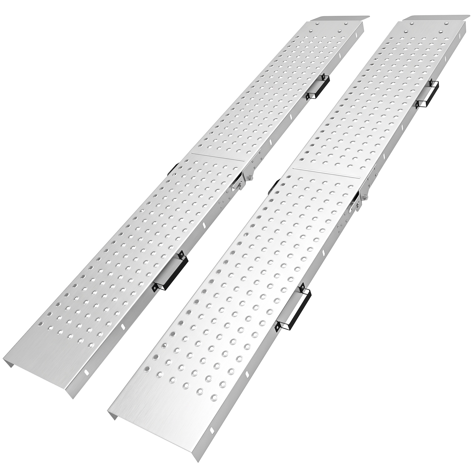 2 salokāmu metāla sliekšņu rampu komplekts ar rokturiem, celtspēja līdz 400 kg, riepām līdz 22,5 cm