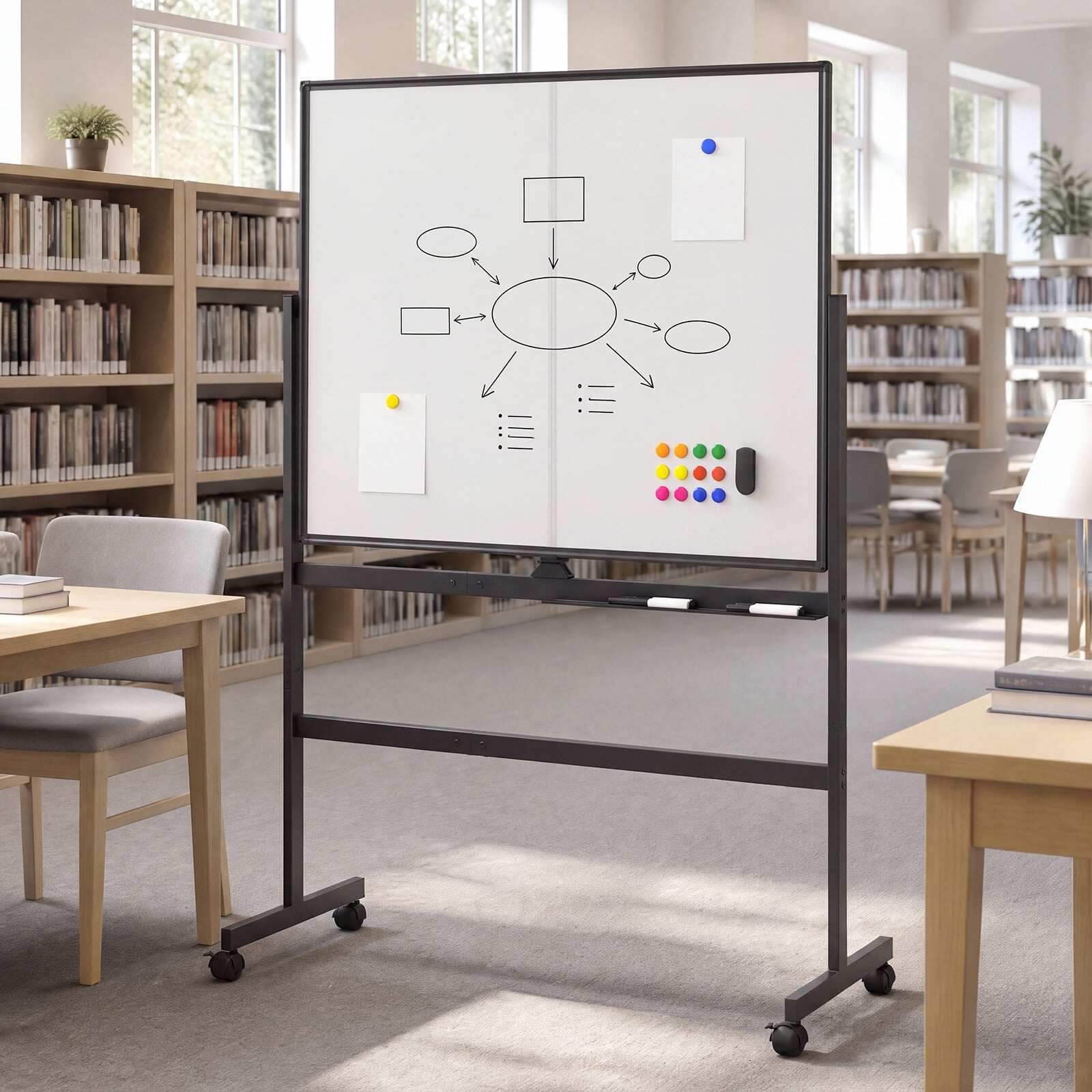 120 x 90 cm mobila balta tāfele ar bloķējamiem universāliem riteņiem un divpusēju magnētisku virsmu - melna