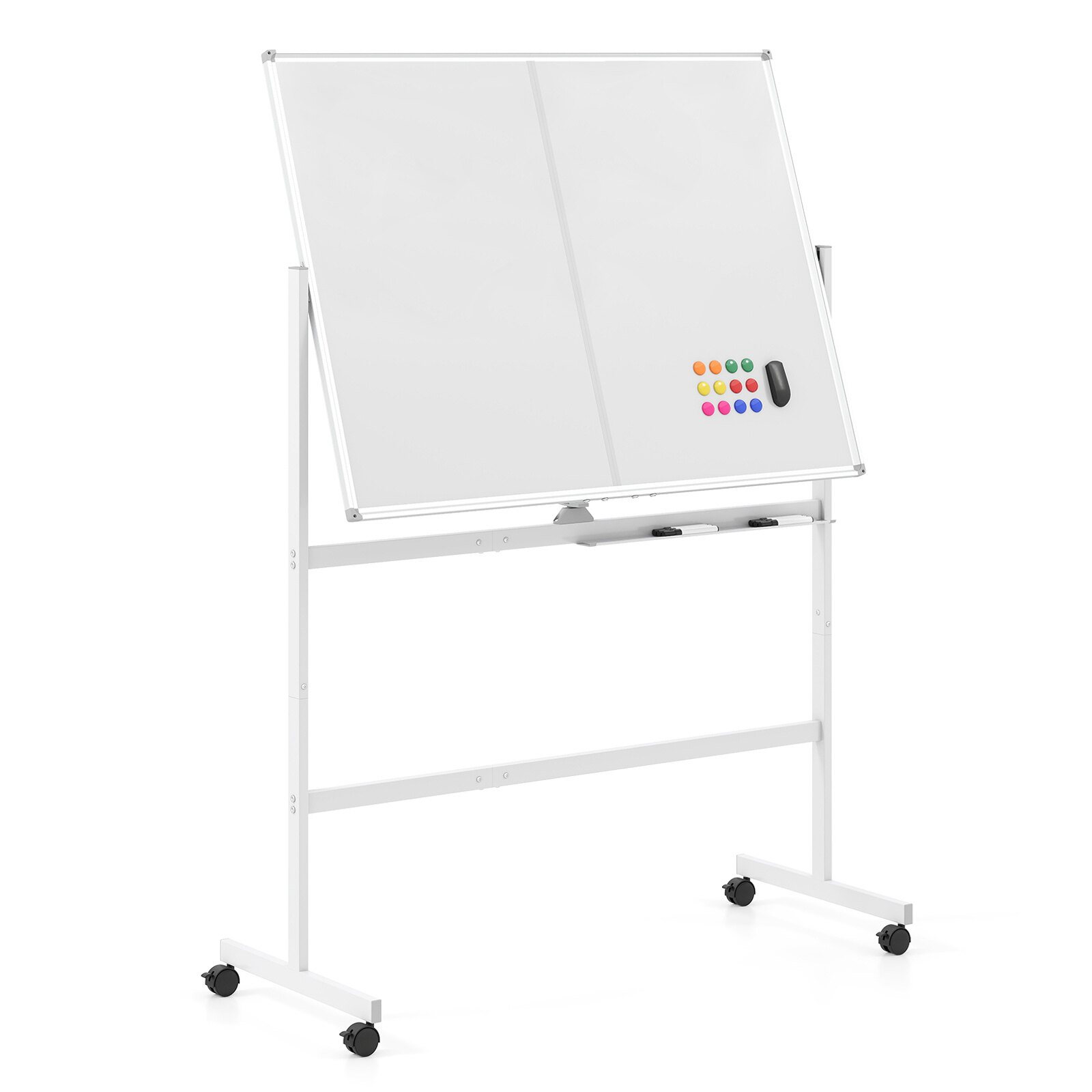 120 x 90 cm mobila balta tāfele ar bloķējamiem universāliem riteņiem un divpusēju magnētisku virsmu - balta