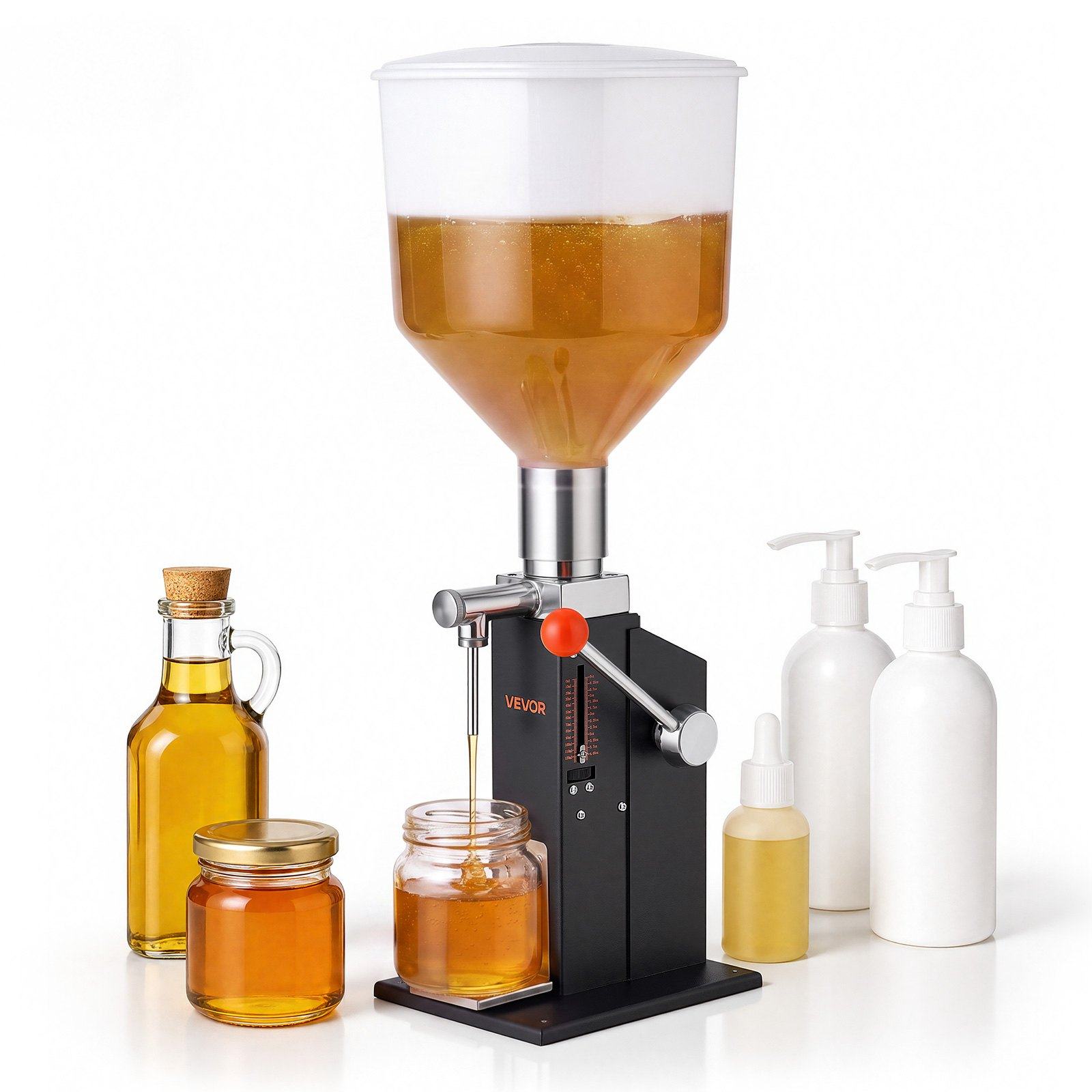 Manuāla pildīšanas iekārta pastām un šķidrumiem, 10–120 ml, 12 l tvertne, pretpilēšanas uzgalis, regulējams pudeļu paliktnis, oglekļa tērauda korpuss un spēku taupošs rokturis, ūdenim, medum, eļļai, šampūnam un losjonam