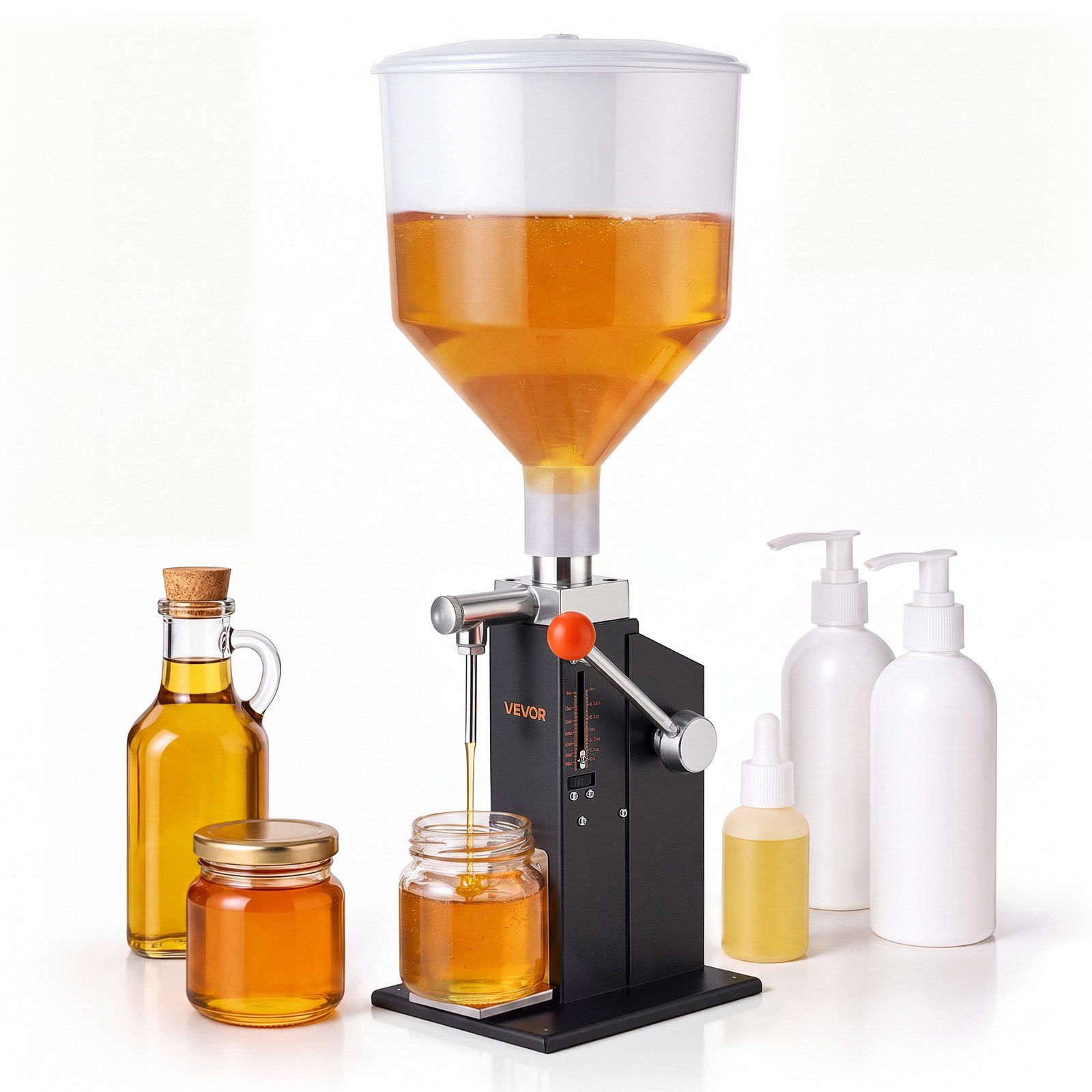 Manuāla pildīšanas iekārta pastām un šķidrumiem, 5–60 ml, 10 l tvertne, pretpilēšanas uzgalis, regulējams pudeļu paliktnis, oglekļa tērauda korpuss un spēku taupošs rokturis, ūdenim, medum, eļļai, šampūnam un losjonam