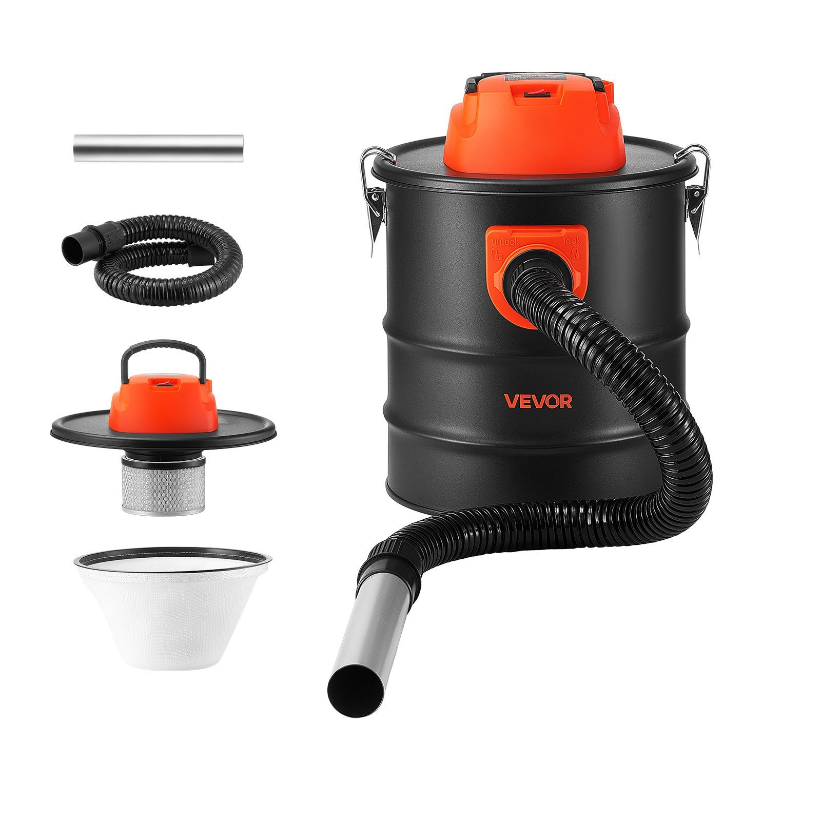 Pelnu putekļsūcējs ar tērauda korpusu, 15 l, 1200 W, 2 pakāpju filtrācija un 0,8 m šļūtene, kamīniem, granulu un malkas krāsnīm, ugunskura vietām un griliem, melns un oranžs