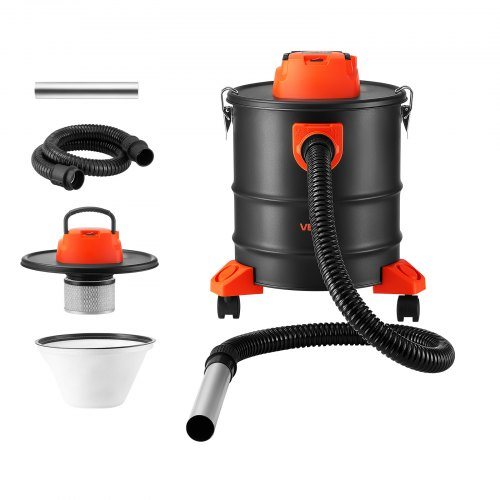 Pelnu putekļsūcējs uz riteņiem ar tērauda korpusu, 20 l, 1200 W, 2 pakāpju filtrācija un 1,2 m šļūtene, kamīniem, granulu un malkas krāsnīm, ugunskura vietām un griliem, melns un oranžs