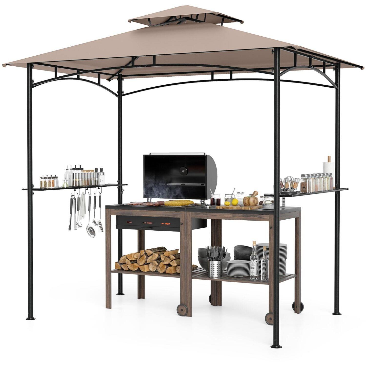 244 cm x 152 cm grila nojume ar 2 plauktiem, 6 āķiem un metāla rāmi - rustikāli brūna