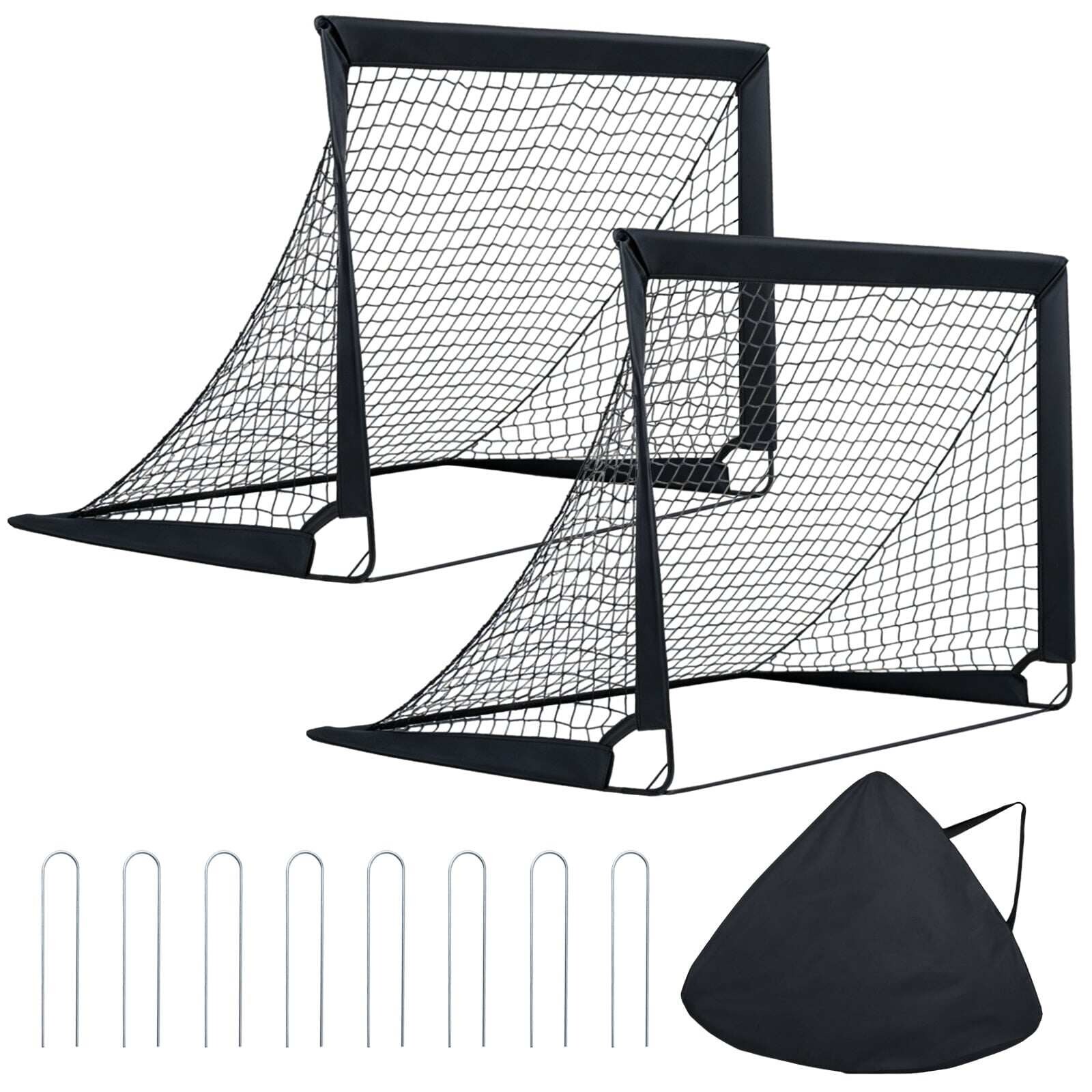 120 x 92 cm komplekts ar 2 izbīdāmiem futbola tīkliem ar pārnēsāšanas somu un 8 zemes mietiņiem