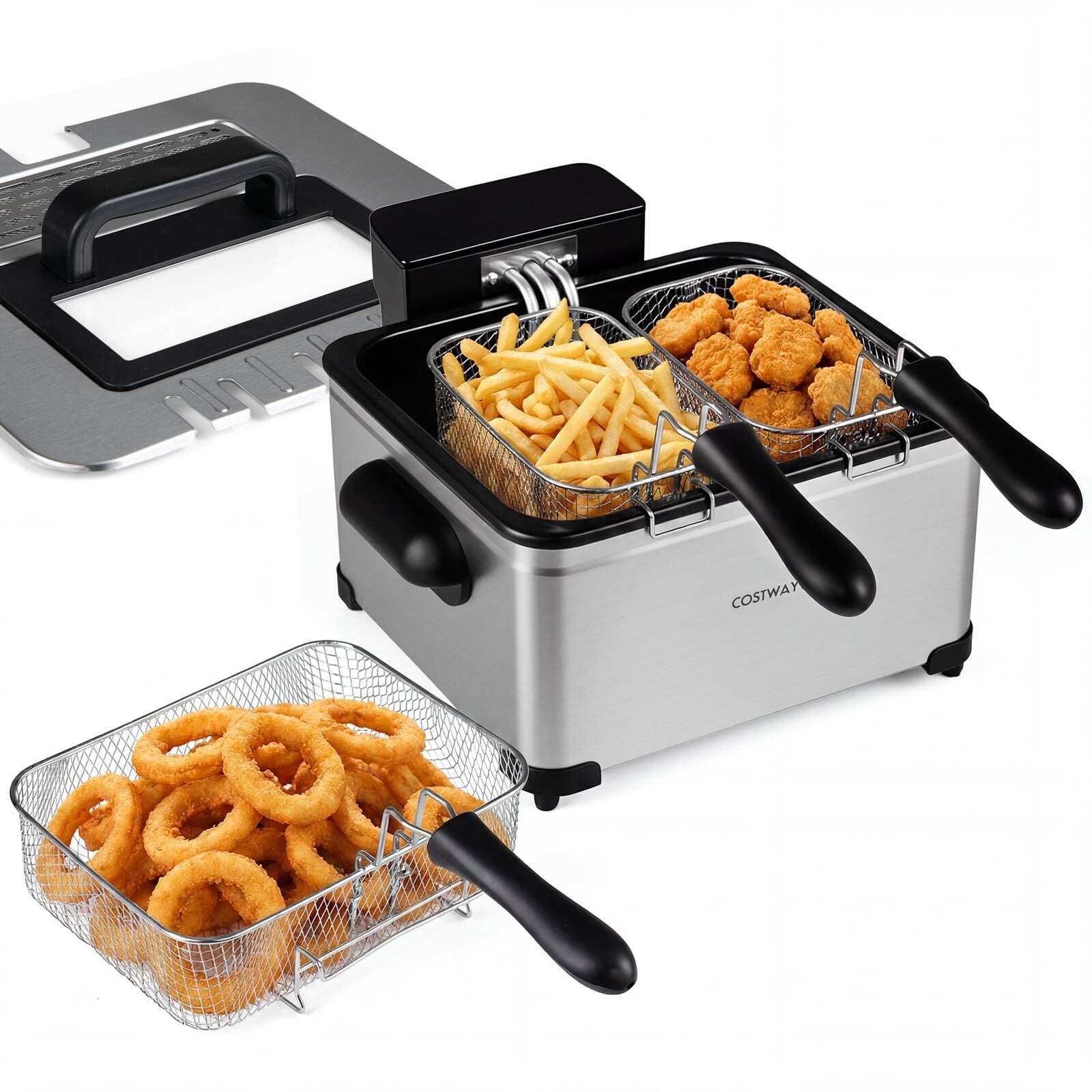 Digitālā fritēšanas panna ar eļļu, 5 l 1700 W nerūsējošā tērauda fritētava frī kartupeļiem ar 3 groziem un 6 programmām