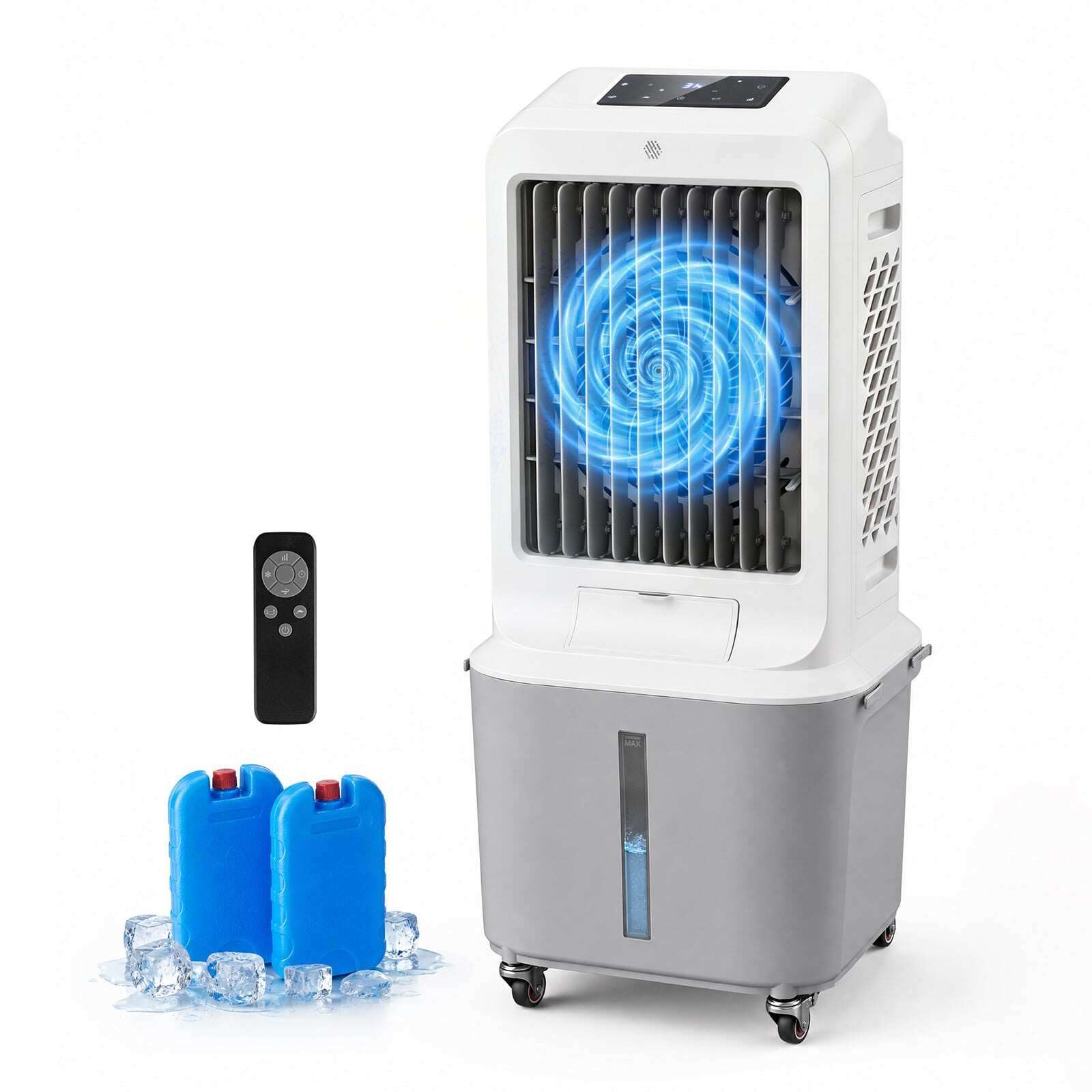 Pārnēsājams gaisa dzesētājs ar tālvadības pulti, 3 vēja ātrumi un 3 darbības režīmi, dzesēšanas ventilators ar riteņiem