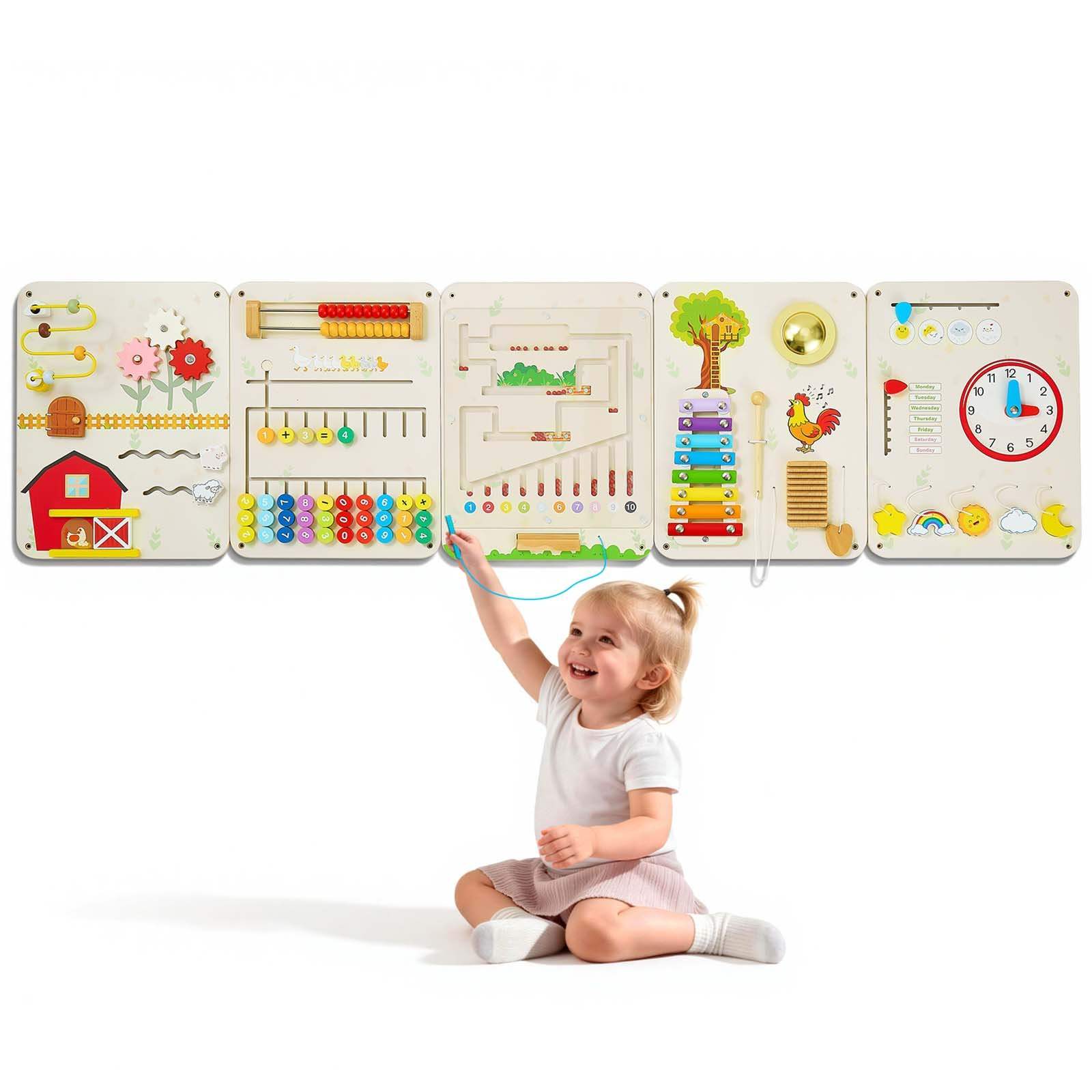 Koka Montessori aktivitāšu panelis 16 vienā sienai, 5 paneļi un stiprinājumi, sensorai mācīšanai bērnudārzā, klasē, rotaļu istabā un mājās