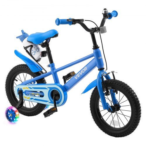 BMX stila bērnu velosipēds, 14 collas, palīgriteņi, regulējams sēdeklis un stūre, priekšējā un aizmugurējā kājas bremze, krūzes turētājs, augsta oglekļa satura tērauda rāmis, 3–5 g., zils