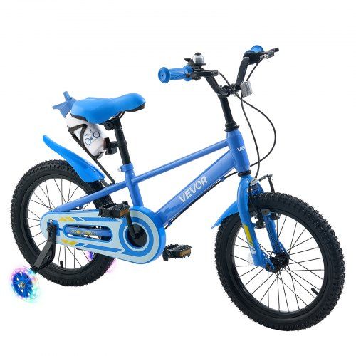 BMX stila bērnu velosipēds, 16 collas, palīgriteņi, regulējams sēdeklis un stūre, priekšējā un aizmugurējā trumuļa bremze, krūzes turētājs, augsta oglekļa satura tērauda rāmis, 4–7 g., zils