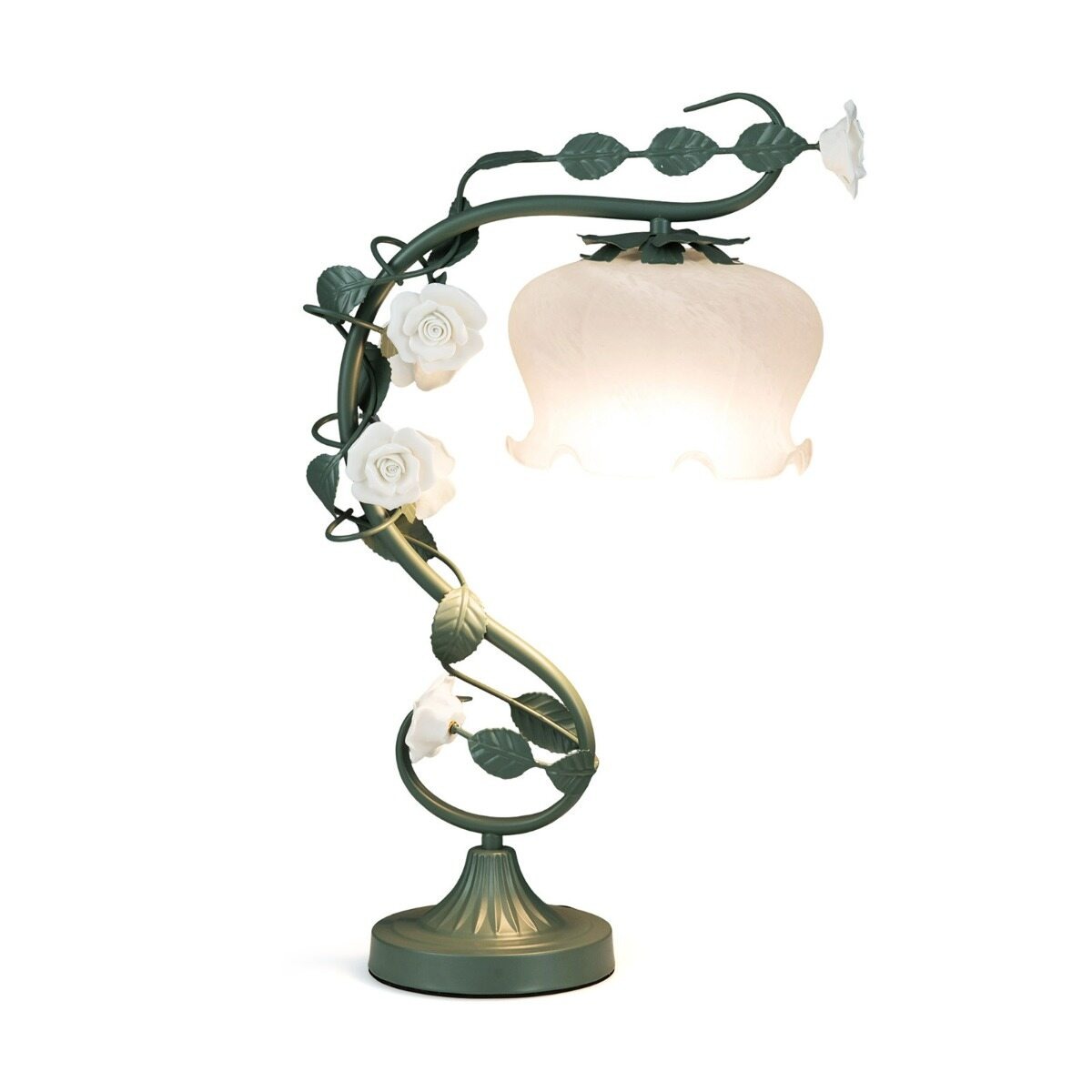 Retro naktsgaldiņa lampa ar maijpuķīšu pušķa formas stikla abažūru, 6 keramikas rozēm un lapām, E27 cokols, zaļš slēdzis